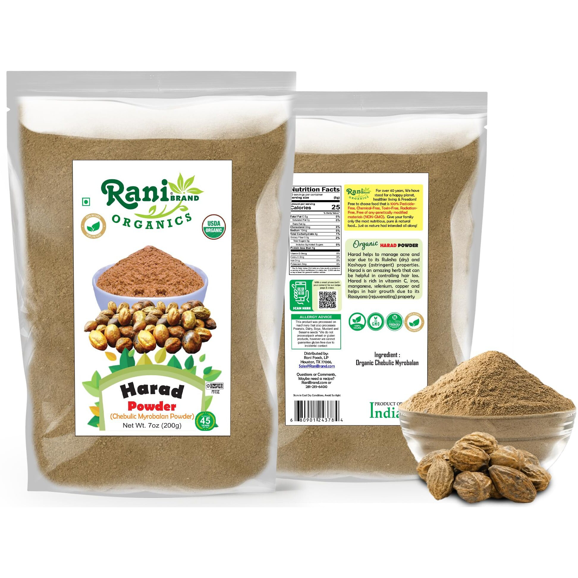 Rani Organic Harad Powder (Chebulic Myrobalan Powder) 7oz (200g) ~ All Natural, No Color, Gluten Friendly, Vegan, Non-GMO, Kosher, No Salt or fillers, Indian Origin, USDA Organic Certified