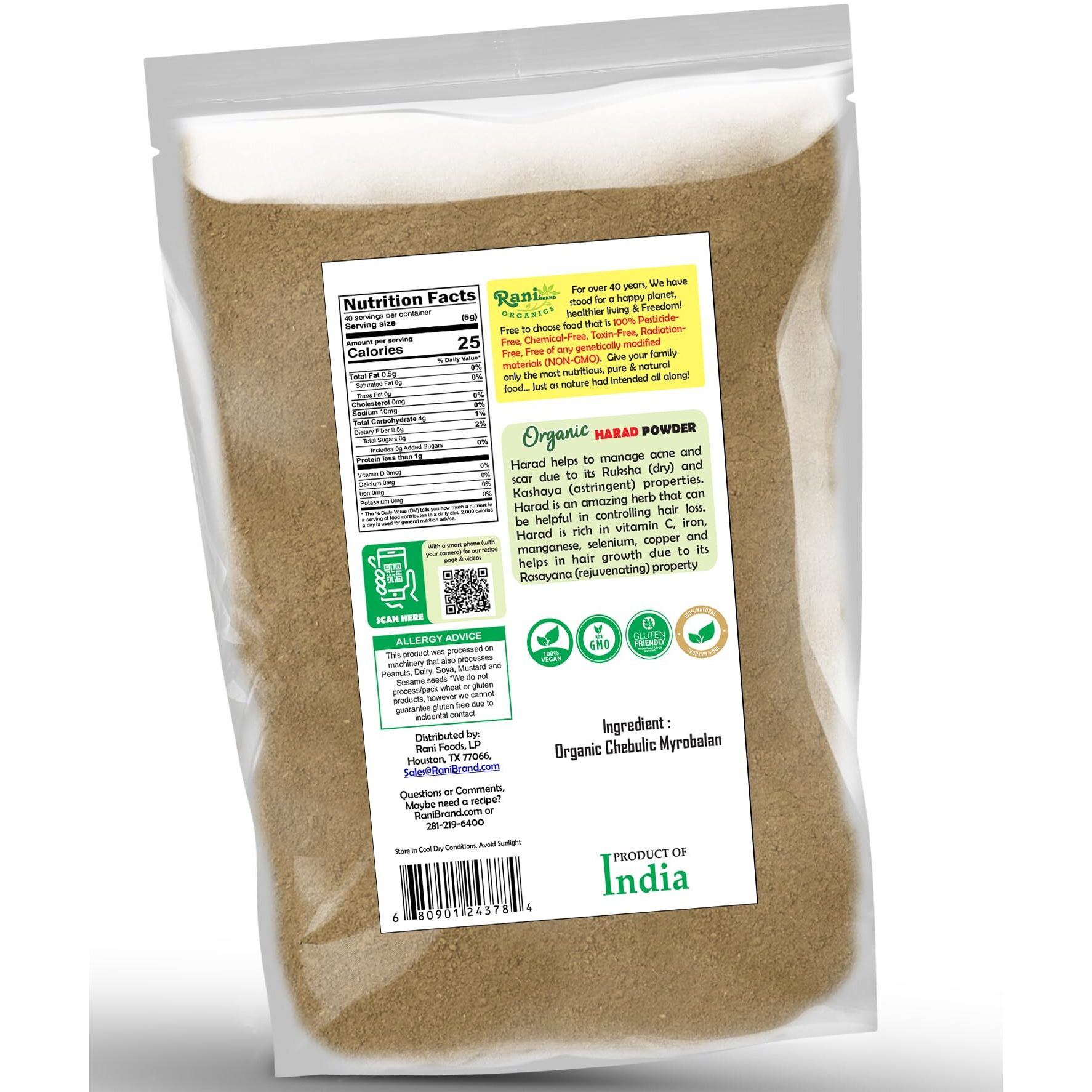 Rani Organic Harad Powder (Chebulic Myrobalan Powder) 7oz (200g) ~ All Natural, No Color, Gluten Friendly, Vegan, Non-GMO, Kosher, No Salt or fillers, Indian Origin, USDA Organic Certified