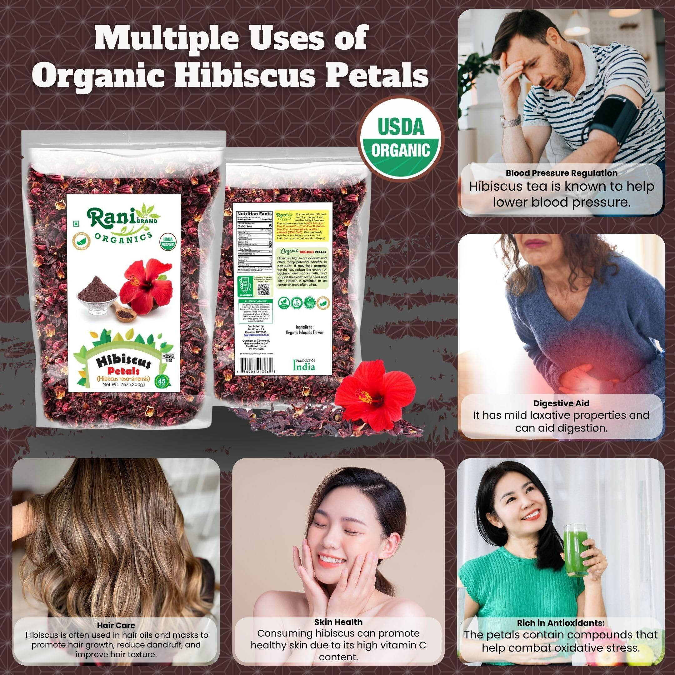 Rani Organic Hibiscus Powder (Hibiscus Rosa-sinensis) 7oz (200g) ~ All Natural, No Color, Gluten Friendly, Vegan, Non-GMO, Kosher, No Salt or fillers, Indian Origin, USDA Organic Certified