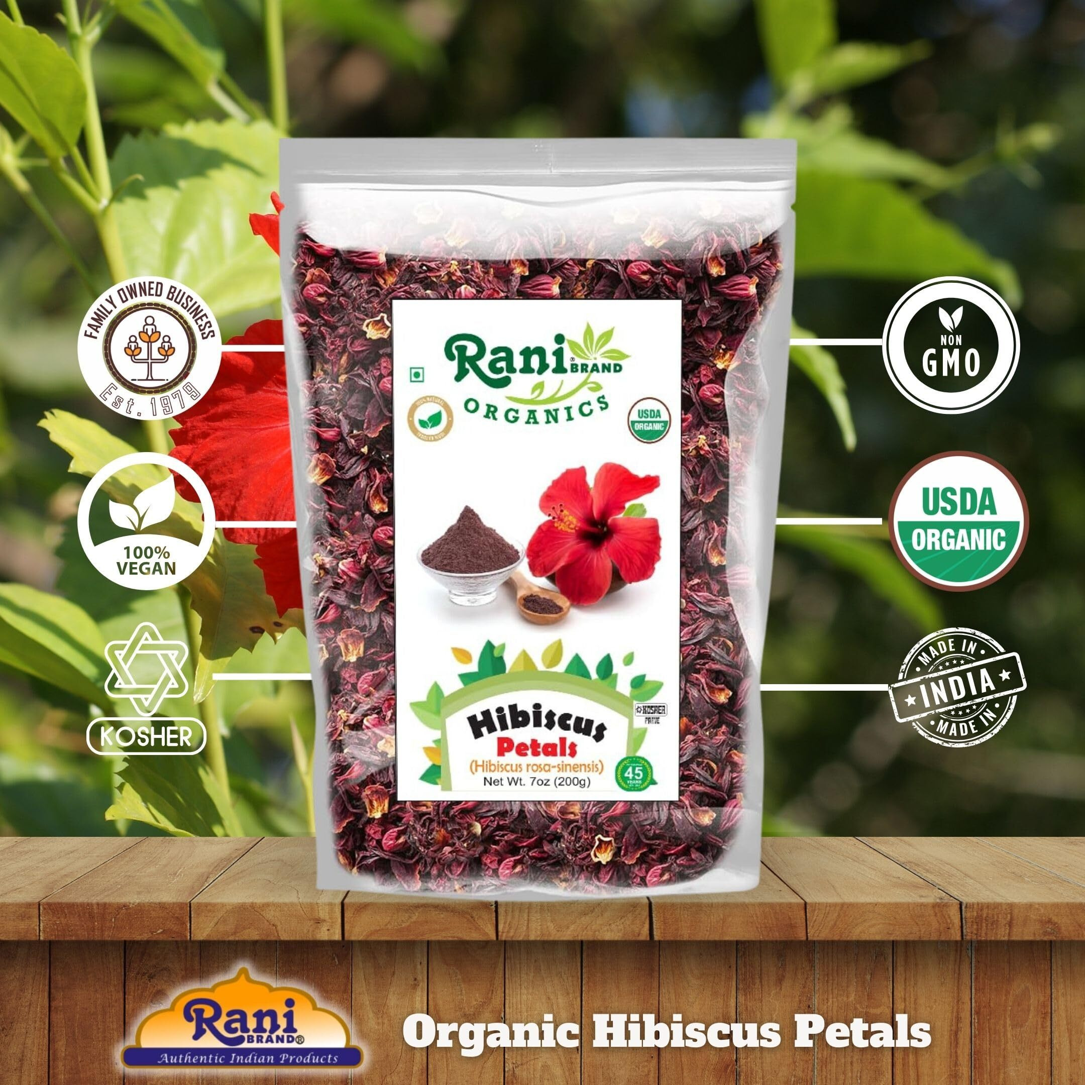 Rani Organic Hibiscus Powder (Hibiscus Rosa-sinensis) 7oz (200g) ~ All Natural, No Color, Gluten Friendly, Vegan, Non-GMO, Kosher, No Salt or fillers, Indian Origin, USDA Organic Certified
