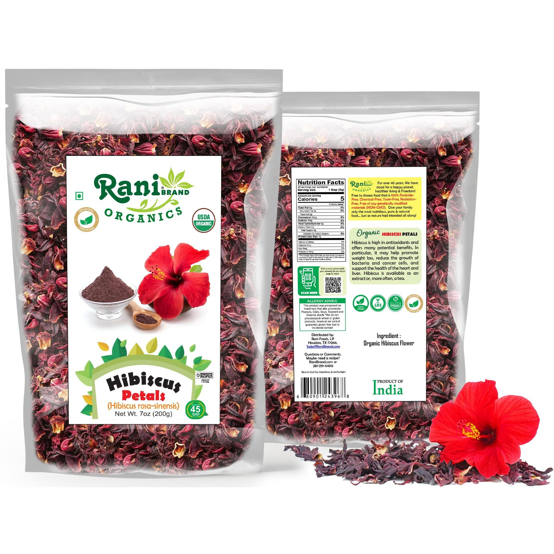 Rani Organic Hibiscus Powder (Hibiscus Rosa-sinensis) 7oz (200g) ~ All Natural, No Color, Gluten Friendly, Vegan, Non-GMO, Kosher, No Salt or fillers, Indian Origin, USDA Organic Certified