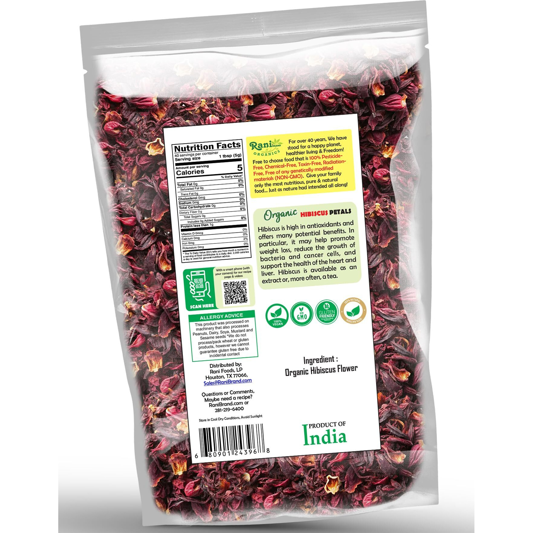 Rani Organic Hibiscus Powder (Hibiscus Rosa-sinensis) 7oz (200g) ~ All Natural, No Color, Gluten Friendly, Vegan, Non-GMO, Kosher, No Salt or fillers, Indian Origin, USDA Organic Certified