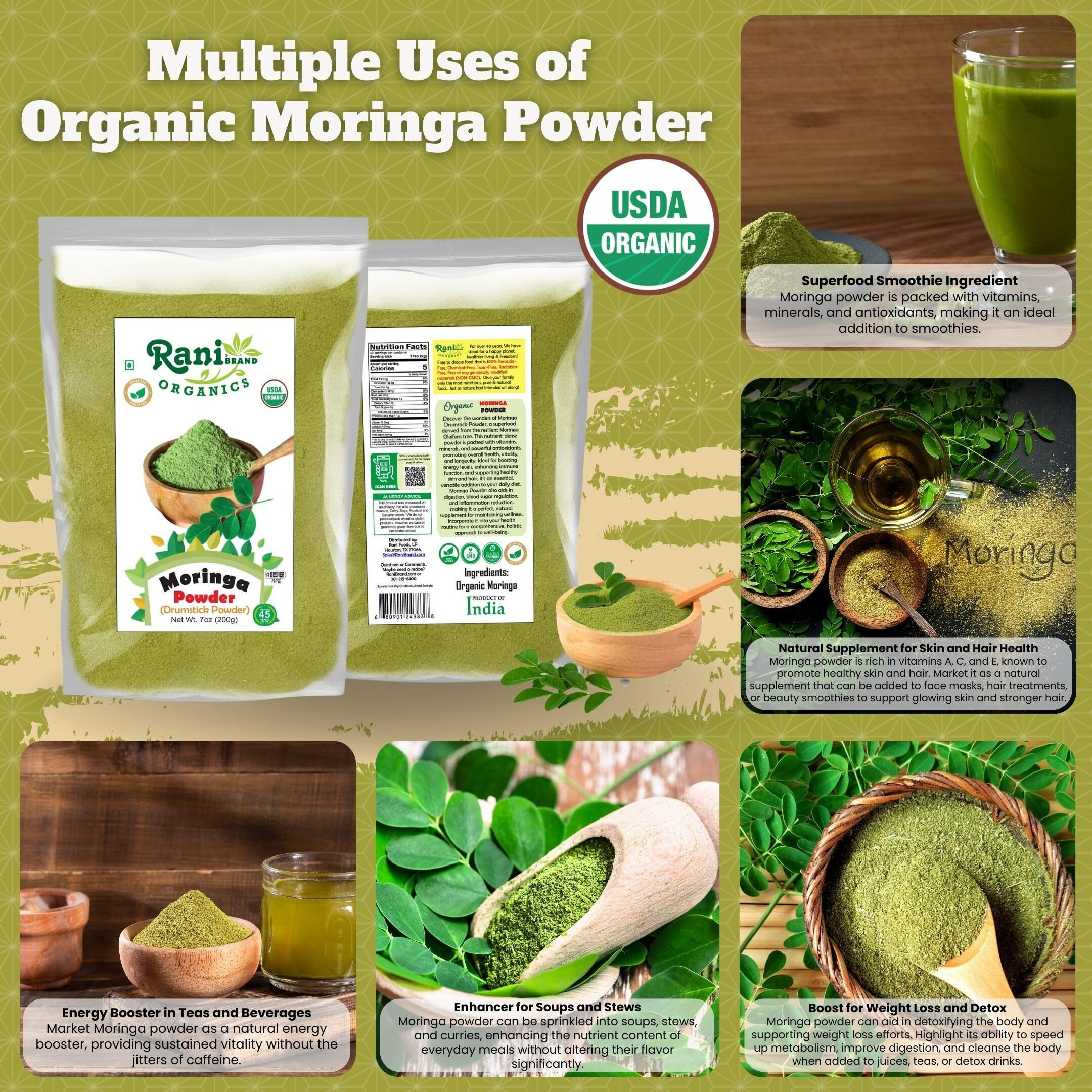 Rani Organic Moringa Powder (Drumstick Powder) 7oz (200g) ~ 100% Natural, Vegan, Gluten Friendly, NON-GMO, Kosher, No colors, Indian Origin, USDA Certified Organic