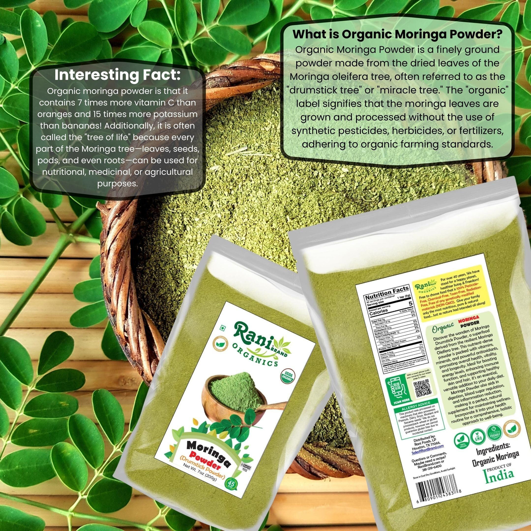 Rani Organic Moringa Powder (Drumstick Powder) 7oz (200g) ~ 100% Natural, Vegan, Gluten Friendly, NON-GMO, Kosher, No colors, Indian Origin, USDA Certified Organic
