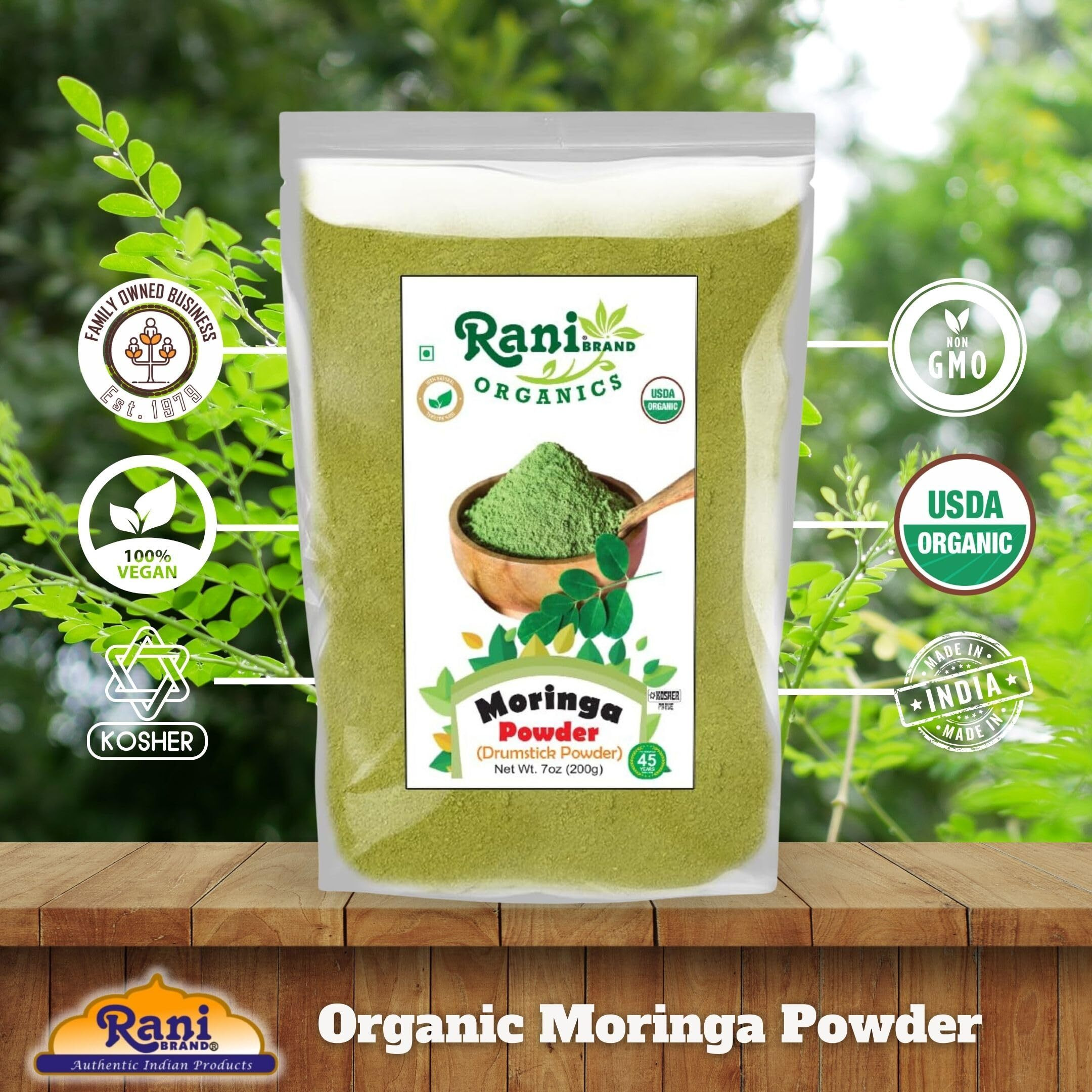 Rani Organic Moringa Powder (Drumstick Powder) 7oz (200g) ~ 100% Natural, Vegan, Gluten Friendly, NON-GMO, Kosher, No colors, Indian Origin, USDA Certified Organic