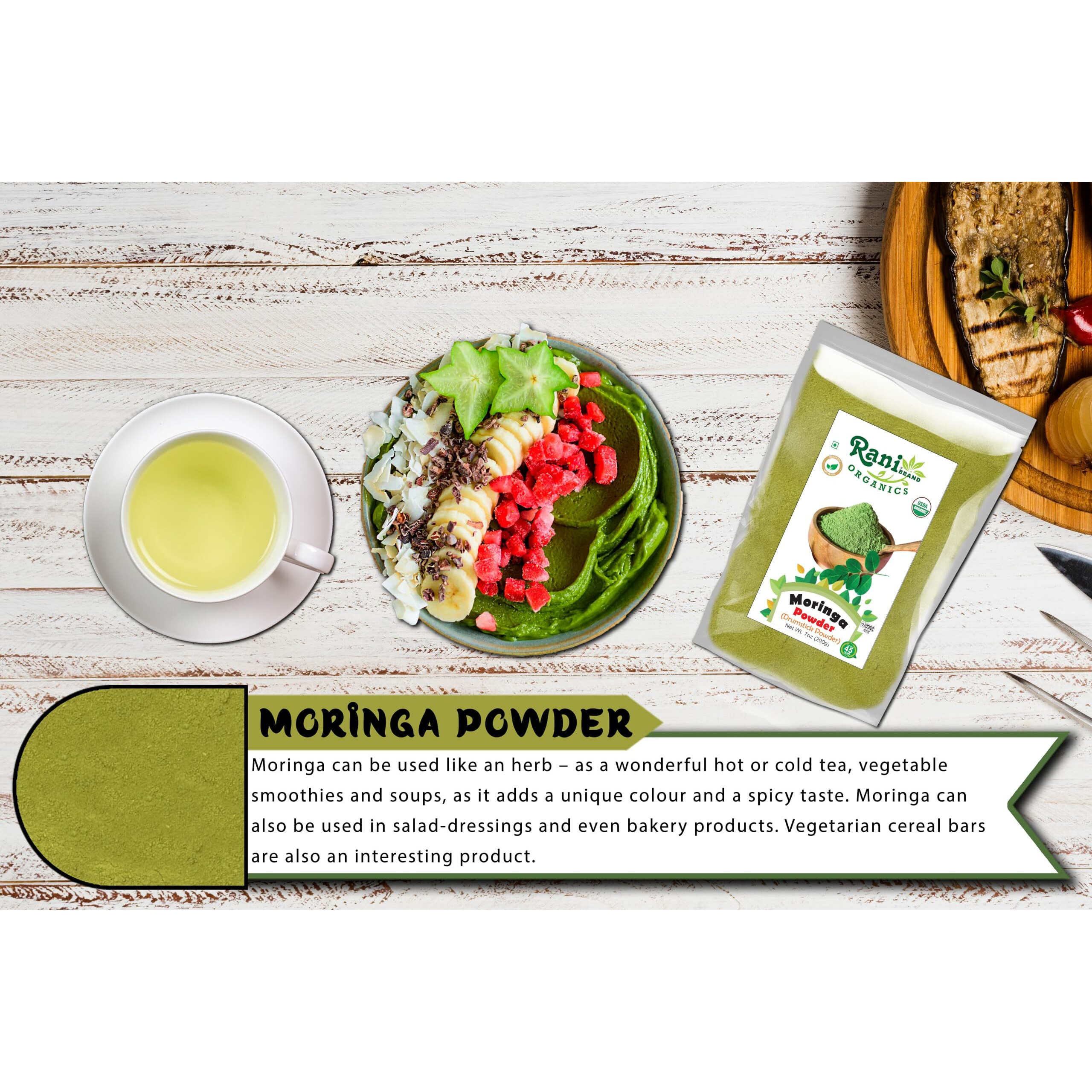 Rani Organic Moringa Powder (Drumstick Powder) 7oz (200g) ~ 100% Natural, Vegan, Gluten Friendly, NON-GMO, Kosher, No colors, Indian Origin, USDA Certified Organic