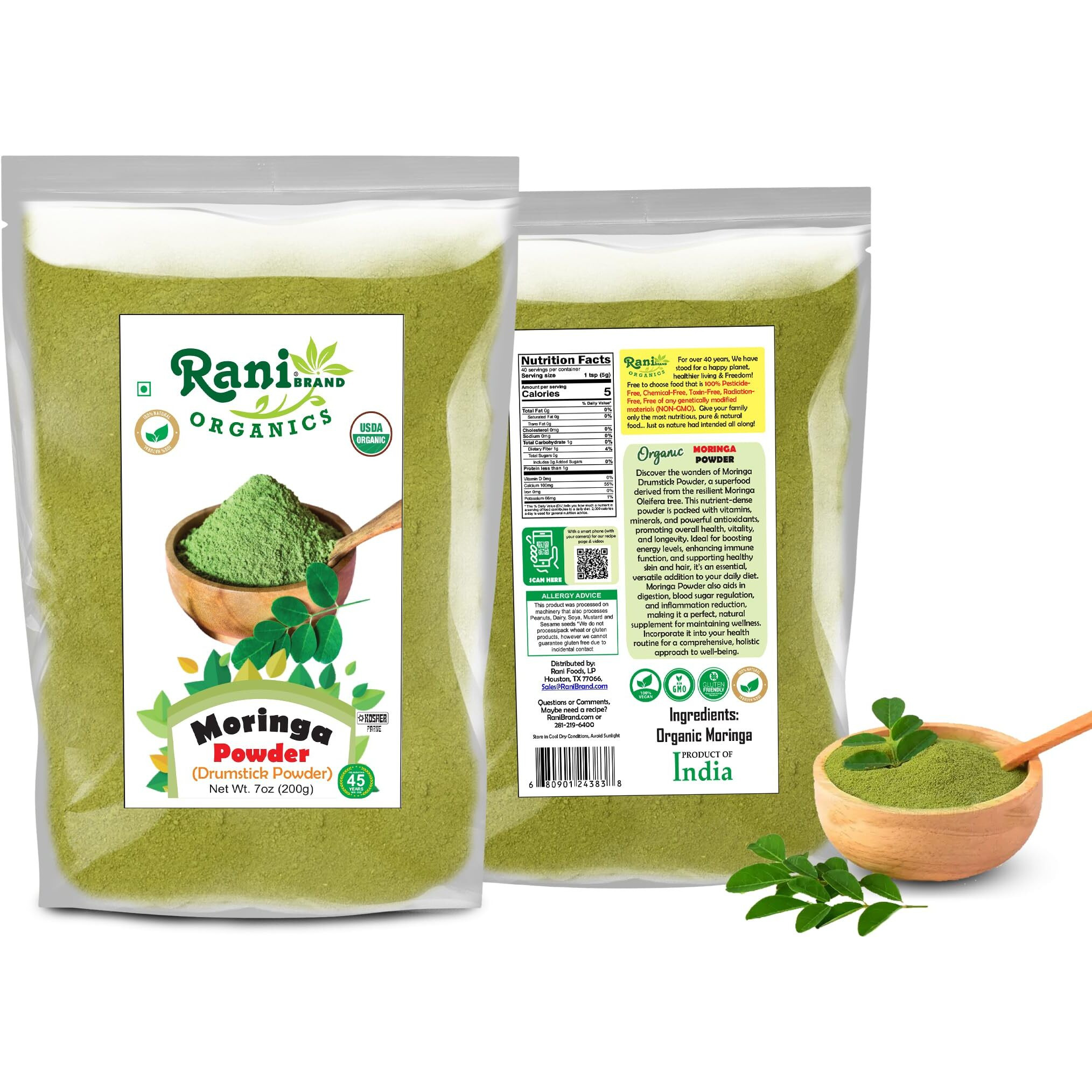 Rani Organic Moringa Powder (Drumstick Powder) 7oz (200g) ~ 100% Natural, Vegan, Gluten Friendly, NON-GMO, Kosher, No colors, Indian Origin, USDA Certified Organic