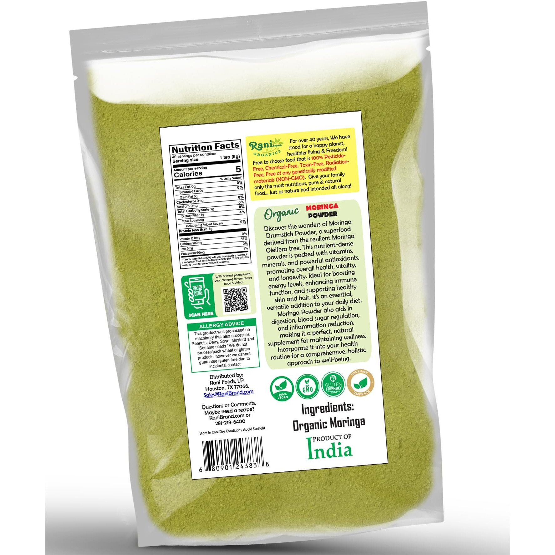 Rani Organic Moringa Powder (Drumstick Powder) 7oz (200g) ~ 100% Natural, Vegan, Gluten Friendly, NON-GMO, Kosher, No colors, Indian Origin, USDA Certified Organic