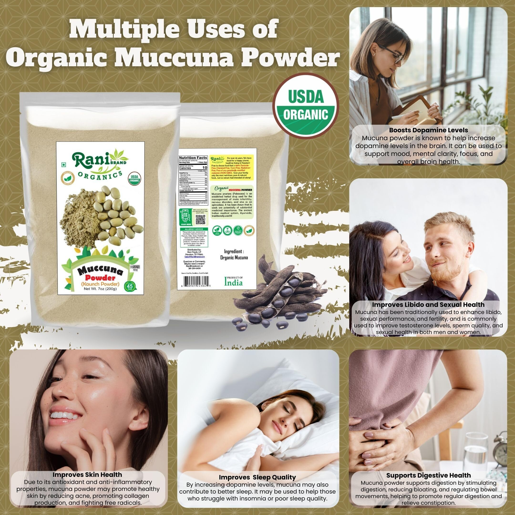 Rani Organic Mucuna Powder (Kaunch Powder) 7oz (200g) ~ All Natural, No Color, Gluten Friendly, Vegan, Non-GMO, Kosher, No Salt or fillers, Indian Origin, USDA Organic Certified