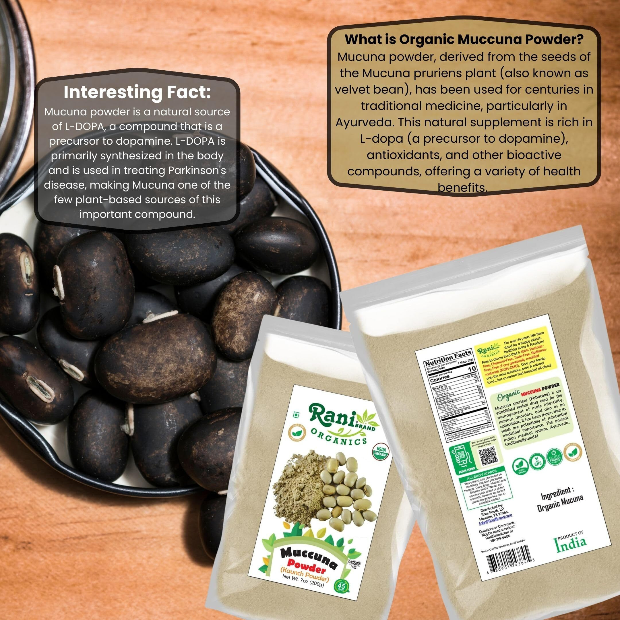 Rani Organic Mucuna Powder (Kaunch Powder) 7oz (200g) ~ All Natural, No Color, Gluten Friendly, Vegan, Non-GMO, Kosher, No Salt or fillers, Indian Origin, USDA Organic Certified