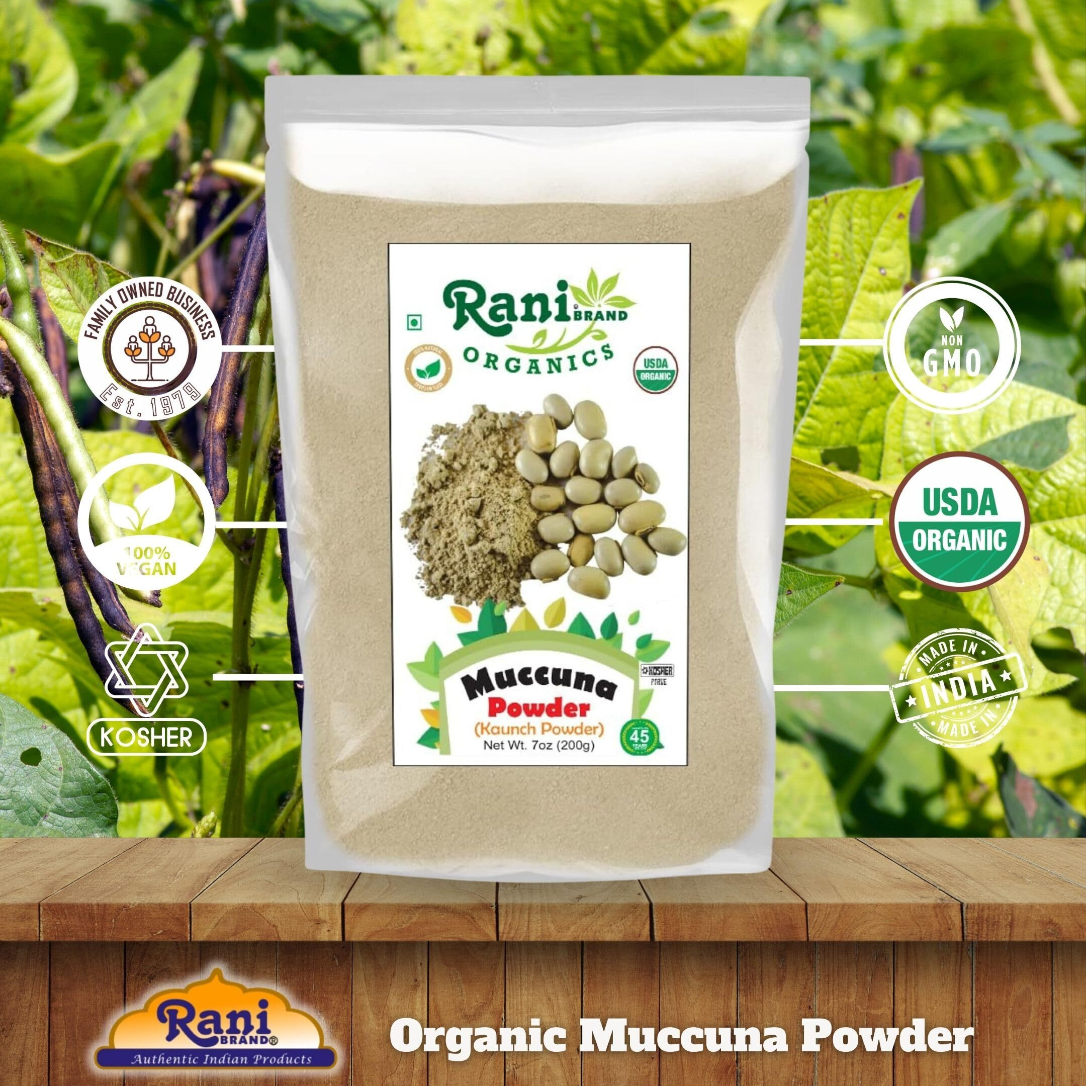 Rani Organic Mucuna Powder (Kaunch Powder) 7oz (200g) ~ All Natural, No Color, Gluten Friendly, Vegan, Non-GMO, Kosher, No Salt or fillers, Indian Origin, USDA Organic Certified