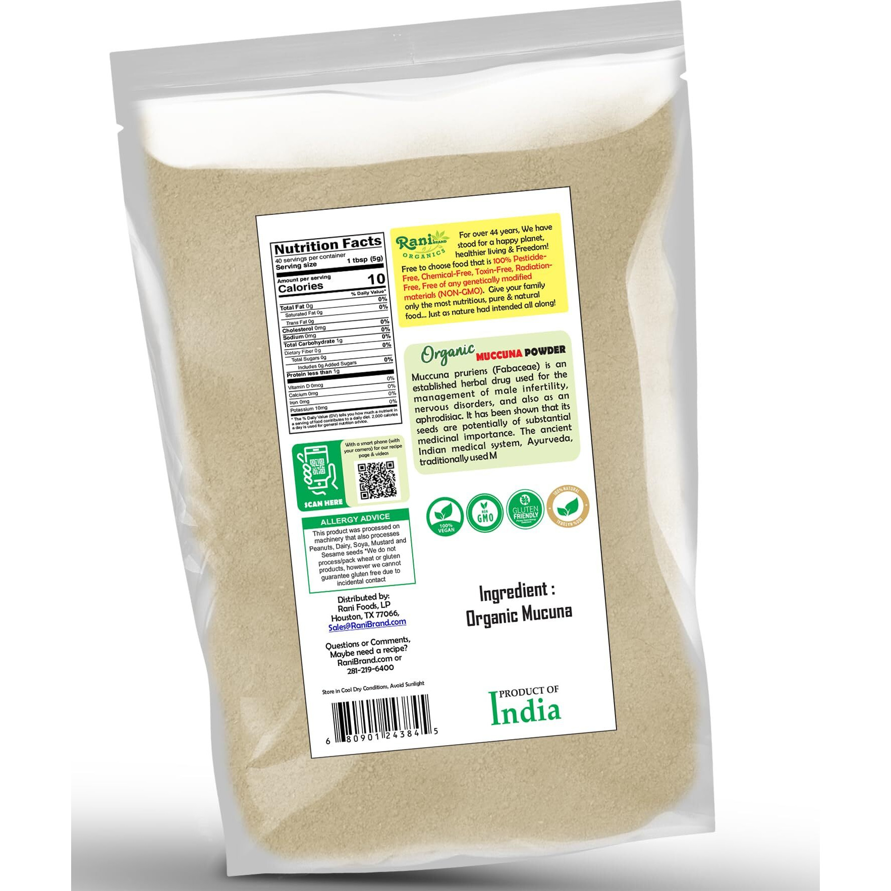 Rani Organic Mucuna Powder (Kaunch Powder) 7oz (200g) ~ All Natural, No Color, Gluten Friendly, Vegan, Non-GMO, Kosher, No Salt or fillers, Indian Origin, USDA Organic Certified