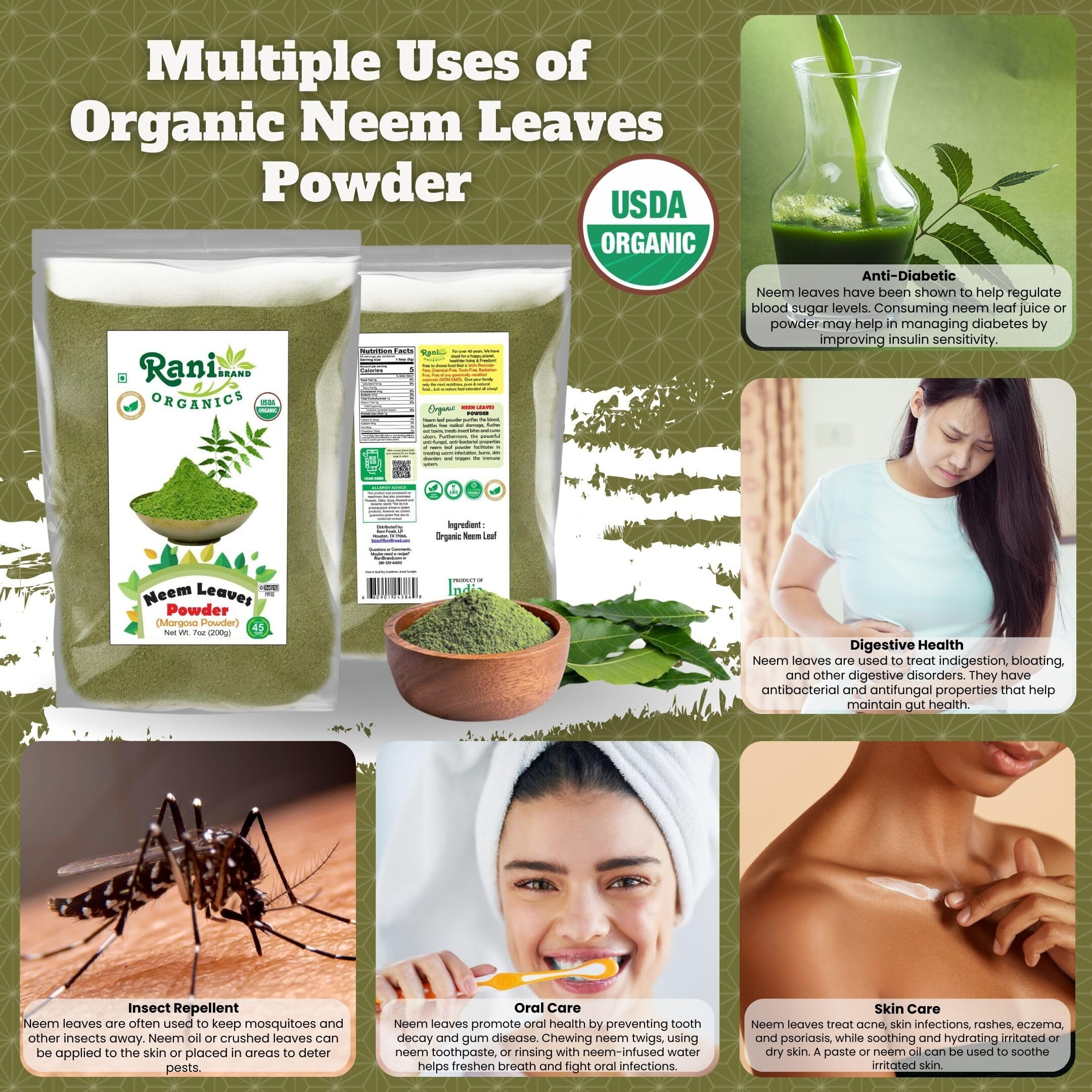 Rani Organic Neem Leaves Powder (Margosa Powder) 7oz (200g) ~ All Natural, No Color, Gluten Friendly, Vegan, Non-GMO, Kosher, No Salt or fillers, Indian Origin, USDA Organic Certified