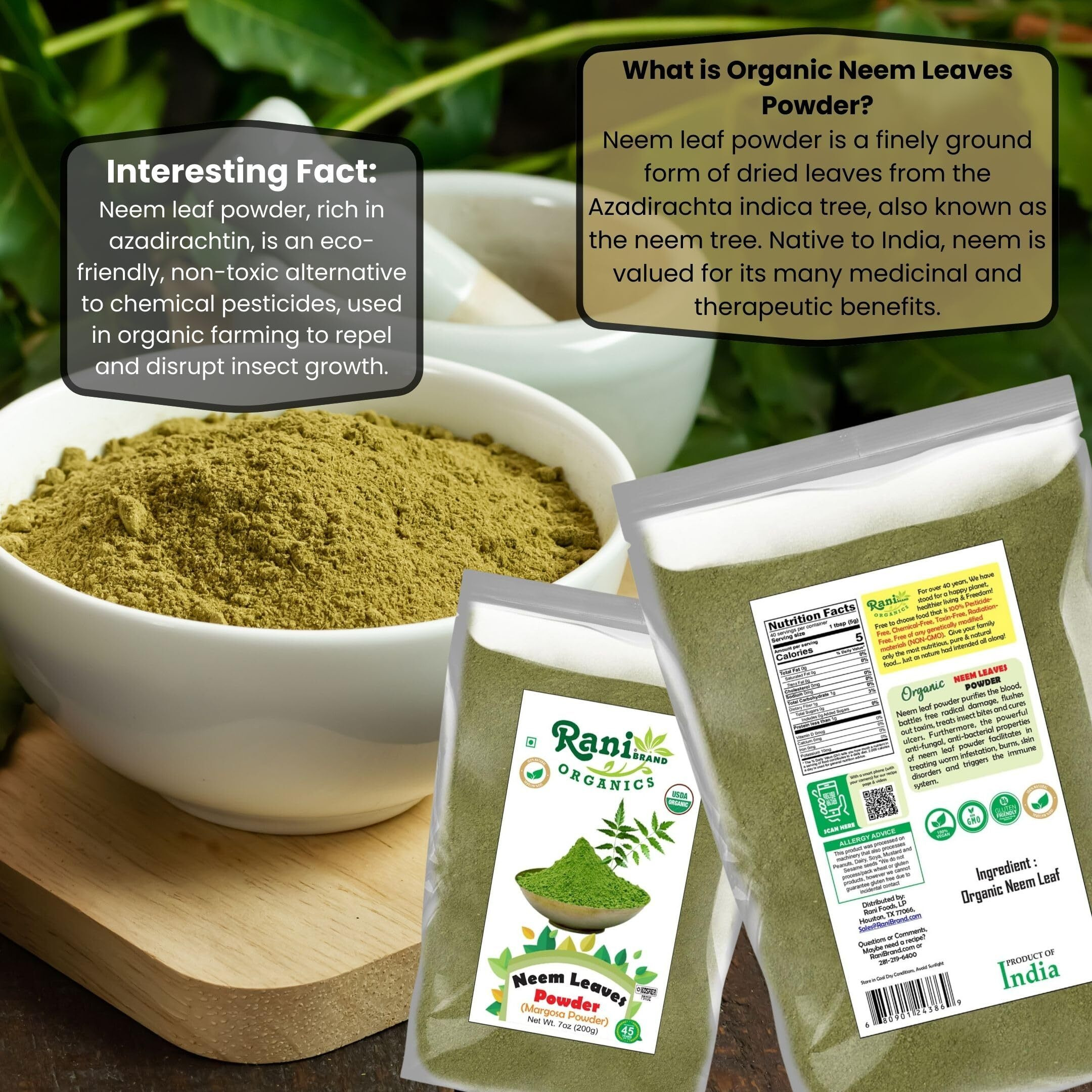Rani Organic Neem Leaves Powder (Margosa Powder) 7oz (200g) ~ All Natural, No Color, Gluten Friendly, Vegan, Non-GMO, Kosher, No Salt or fillers, Indian Origin, USDA Organic Certified