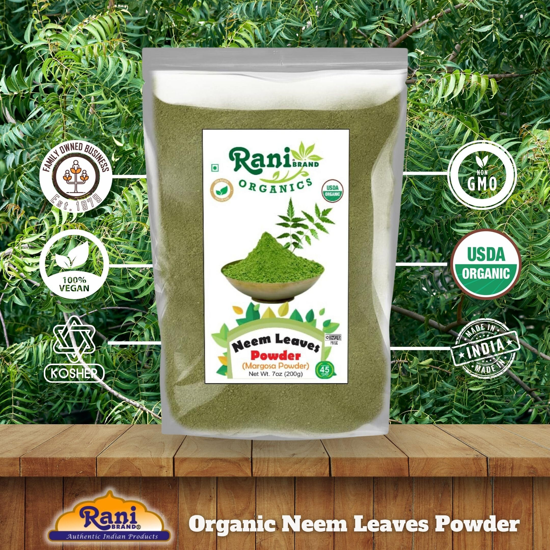 Rani Organic Neem Leaves Powder (Margosa Powder) 7oz (200g) ~ All Natural, No Color, Gluten Friendly, Vegan, Non-GMO, Kosher, No Salt or fillers, Indian Origin, USDA Organic Certified