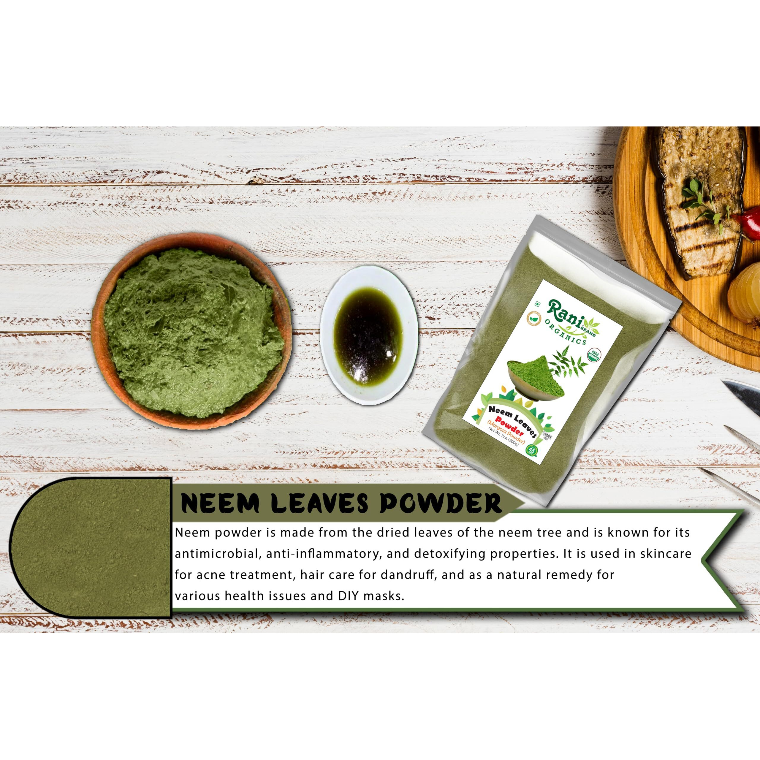 Rani Organic Neem Leaves Powder (Margosa Powder) 7oz (200g) ~ All Natural, No Color, Gluten Friendly, Vegan, Non-GMO, Kosher, No Salt or fillers, Indian Origin, USDA Organic Certified