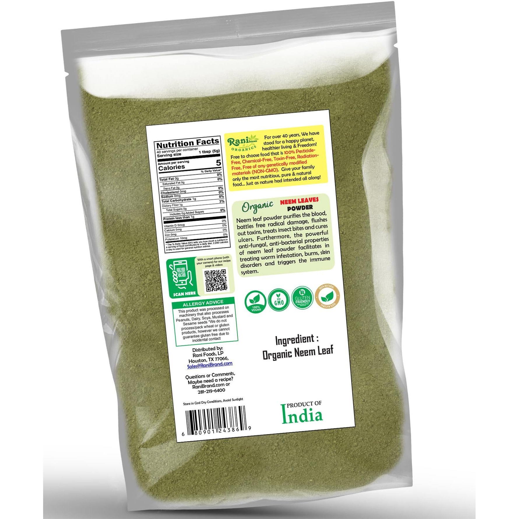 Rani Organic Neem Leaves Powder (Margosa Powder) 7oz (200g) ~ All Natural, No Color, Gluten Friendly, Vegan, Non-GMO, Kosher, No Salt or fillers, Indian Origin, USDA Organic Certified