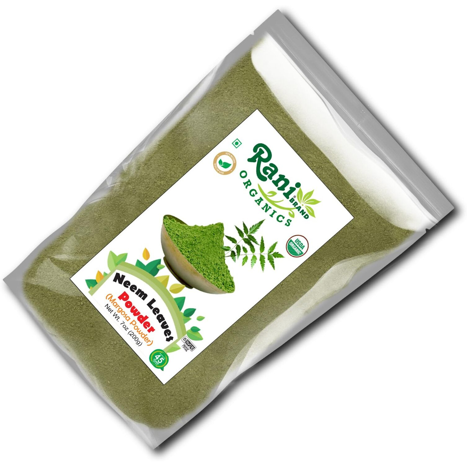 Rani Organic Neem Leaves Powder (Margosa Powder) 7oz (200g) ~ All Natural, No Color, Gluten Friendly, Vegan, Non-GMO, Kosher, No Salt or fillers, Indian Origin, USDA Organic Certified