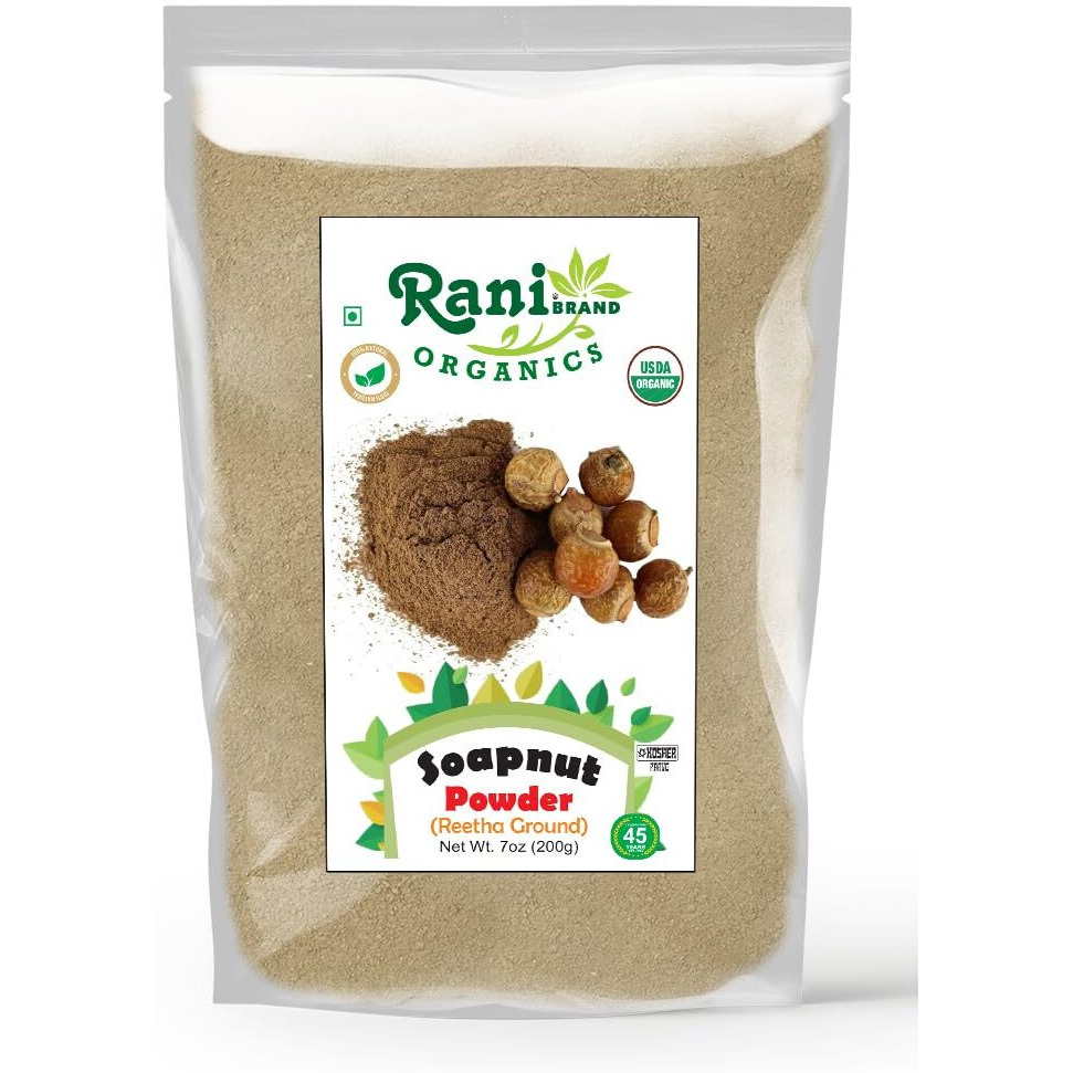 Rani Organic Soapnut Powder (Reetha Ground) 7oz (200g) ~ for Hair & Skin Care, As Laundry Deterget or Household Cleaner, All Natural, Kosher, Indian Origin, USDA Organic Certified