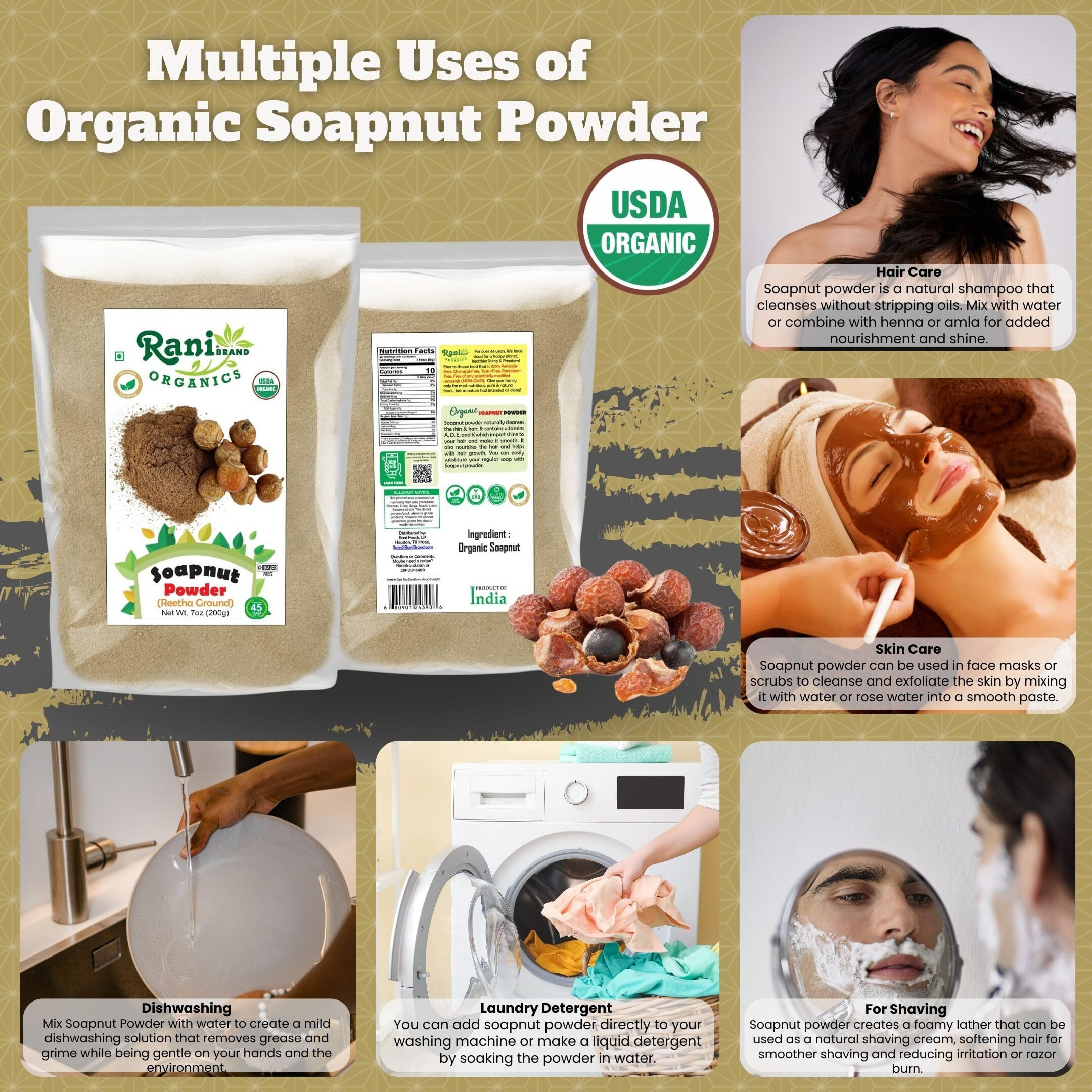 Rani Organic Soapnut Powder (Reetha Ground) 7oz (200g) ~ for Hair & Skin Care, As Laundry Deterget or Household Cleaner, All Natural, Kosher, Indian Origin, USDA Organic Certified