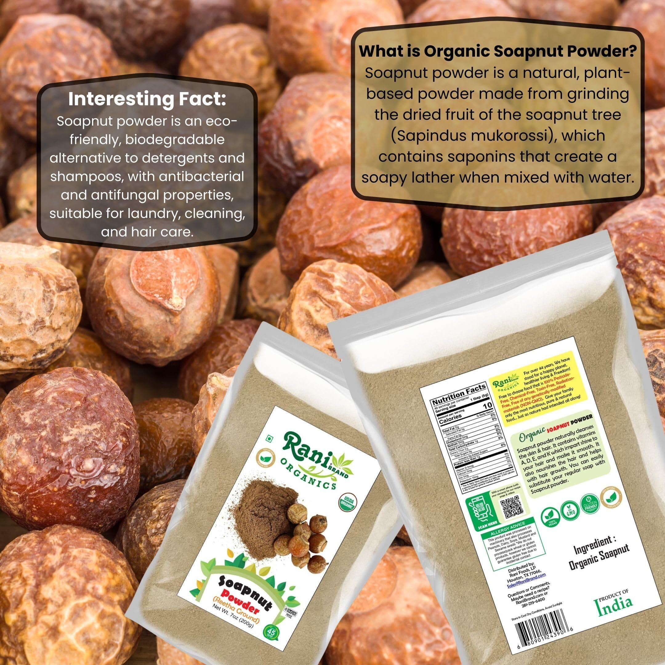 Rani Organic Soapnut Powder (Reetha Ground) 7oz (200g) ~ for Hair & Skin Care, As Laundry Deterget or Household Cleaner, All Natural, Kosher, Indian Origin, USDA Organic Certified