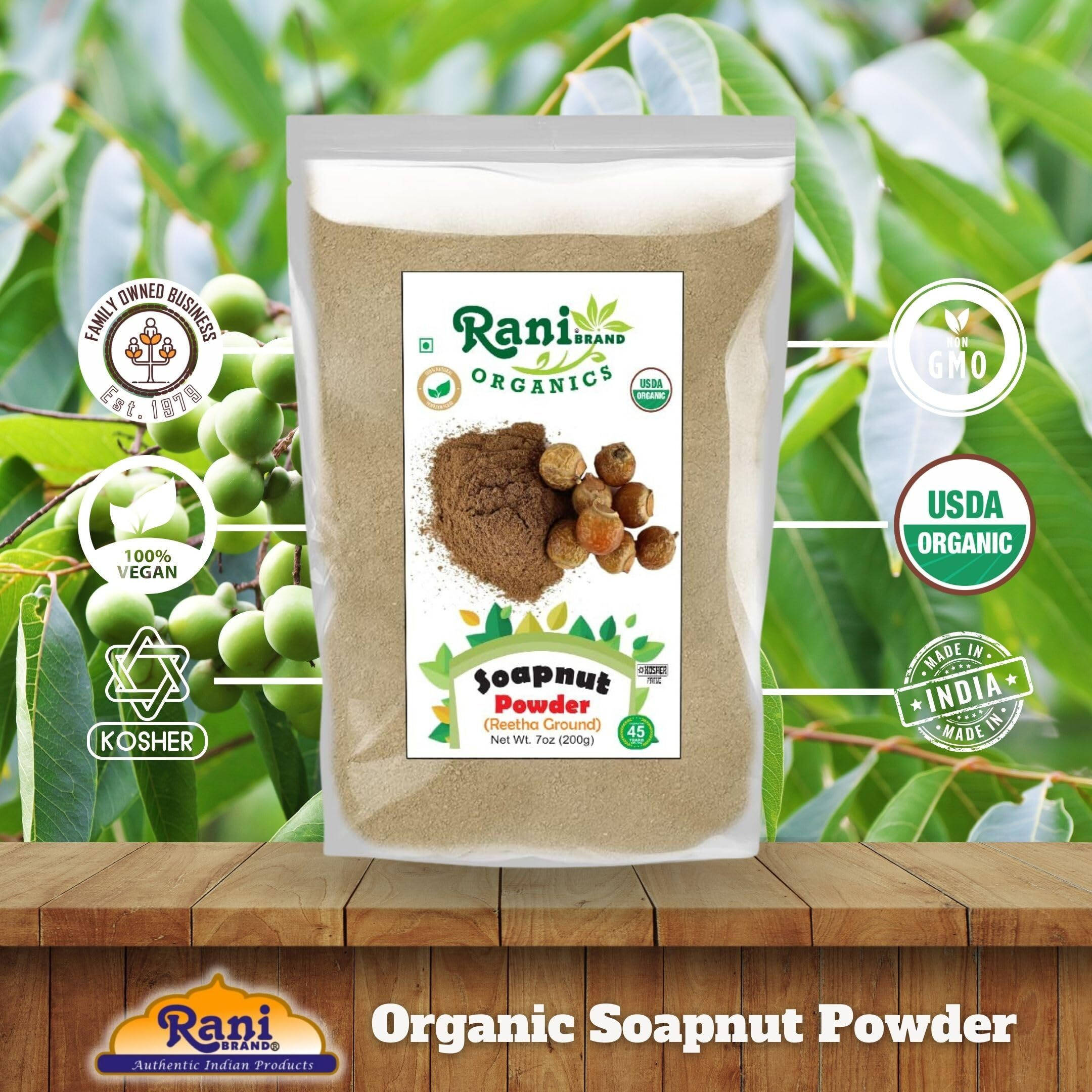 Rani Organic Soapnut Powder (Reetha Ground) 7oz (200g) ~ for Hair & Skin Care, As Laundry Deterget or Household Cleaner, All Natural, Kosher, Indian Origin, USDA Organic Certified