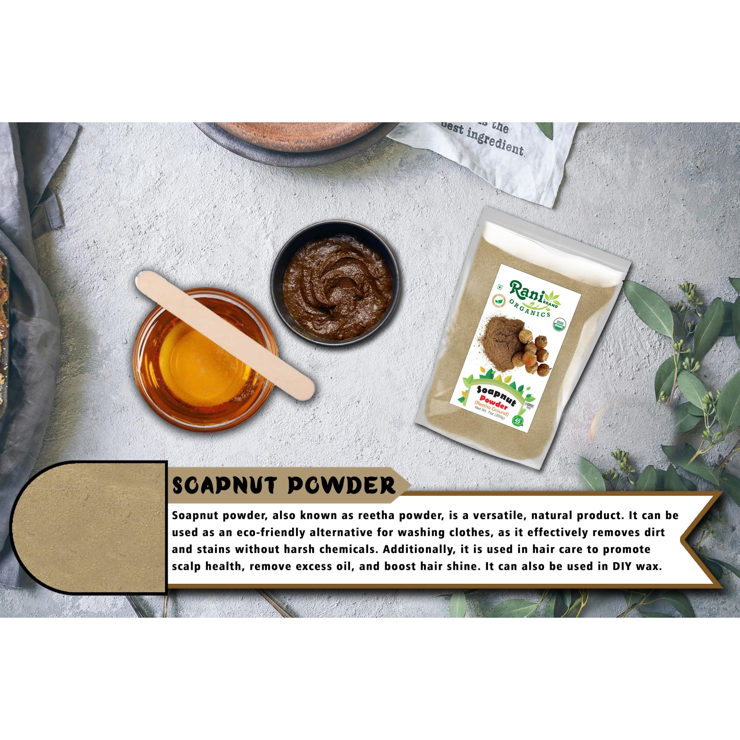 Rani Organic Soapnut Powder (Reetha Ground) 7oz (200g) ~ for Hair & Skin Care, As Laundry Deterget or Household Cleaner, All Natural, Kosher, Indian Origin, USDA Organic Certified