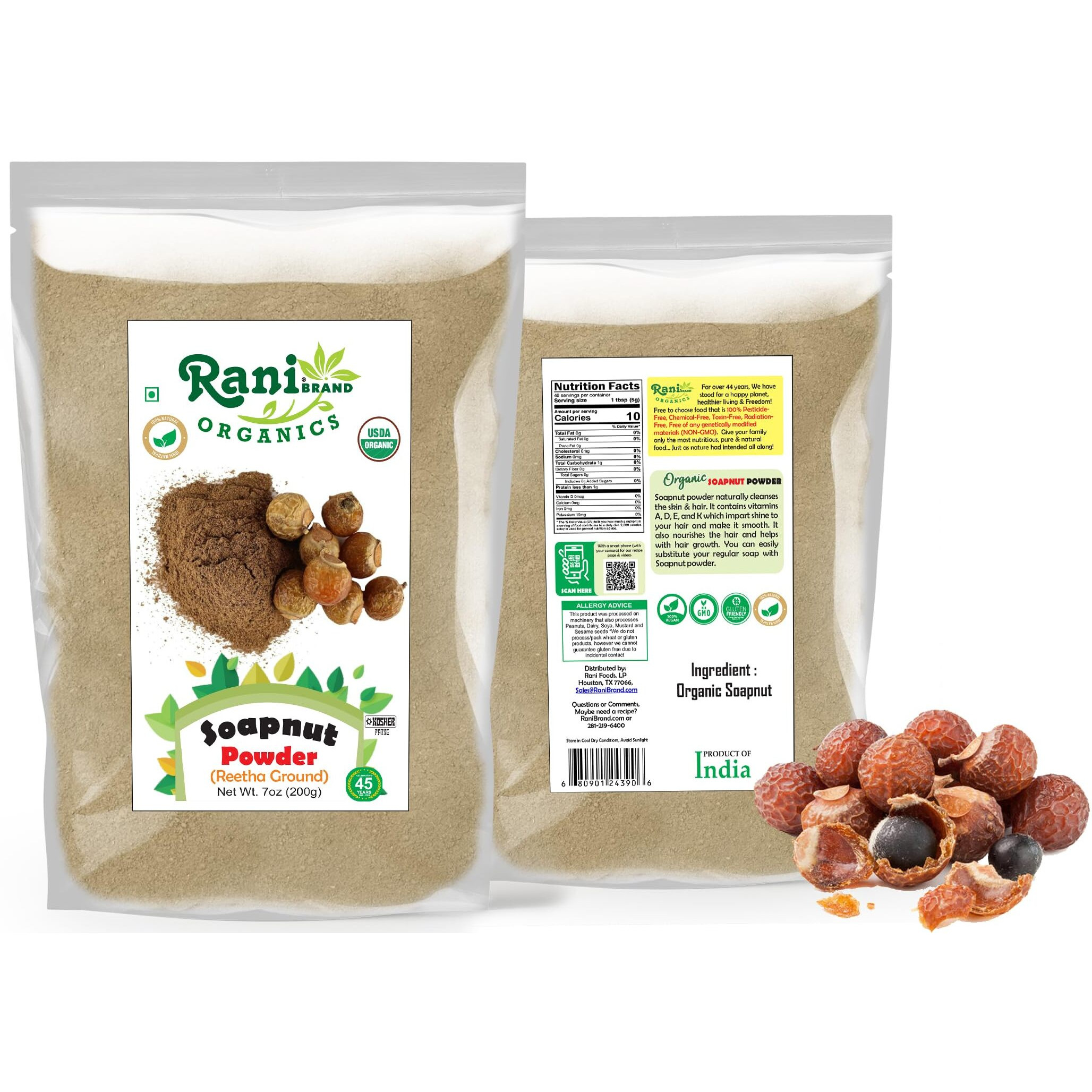 Rani Organic Soapnut Powder (Reetha Ground) 7oz (200g) ~ for Hair & Skin Care, As Laundry Deterget or Household Cleaner, All Natural, Kosher, Indian Origin, USDA Organic Certified