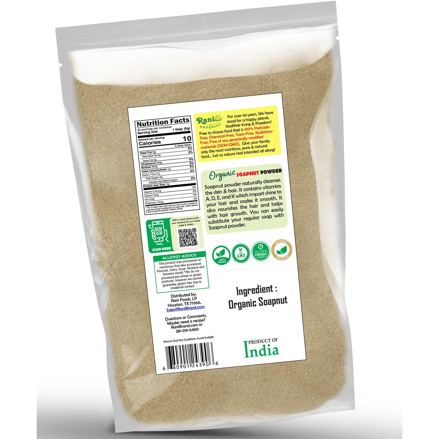 Rani Organic Soapnut Powder (Reetha Ground) 7oz (200g) ~ for Hair & Skin Care, As Laundry Deterget or Household Cleaner, All Natural, Kosher, Indian Origin, USDA Organic Certified
