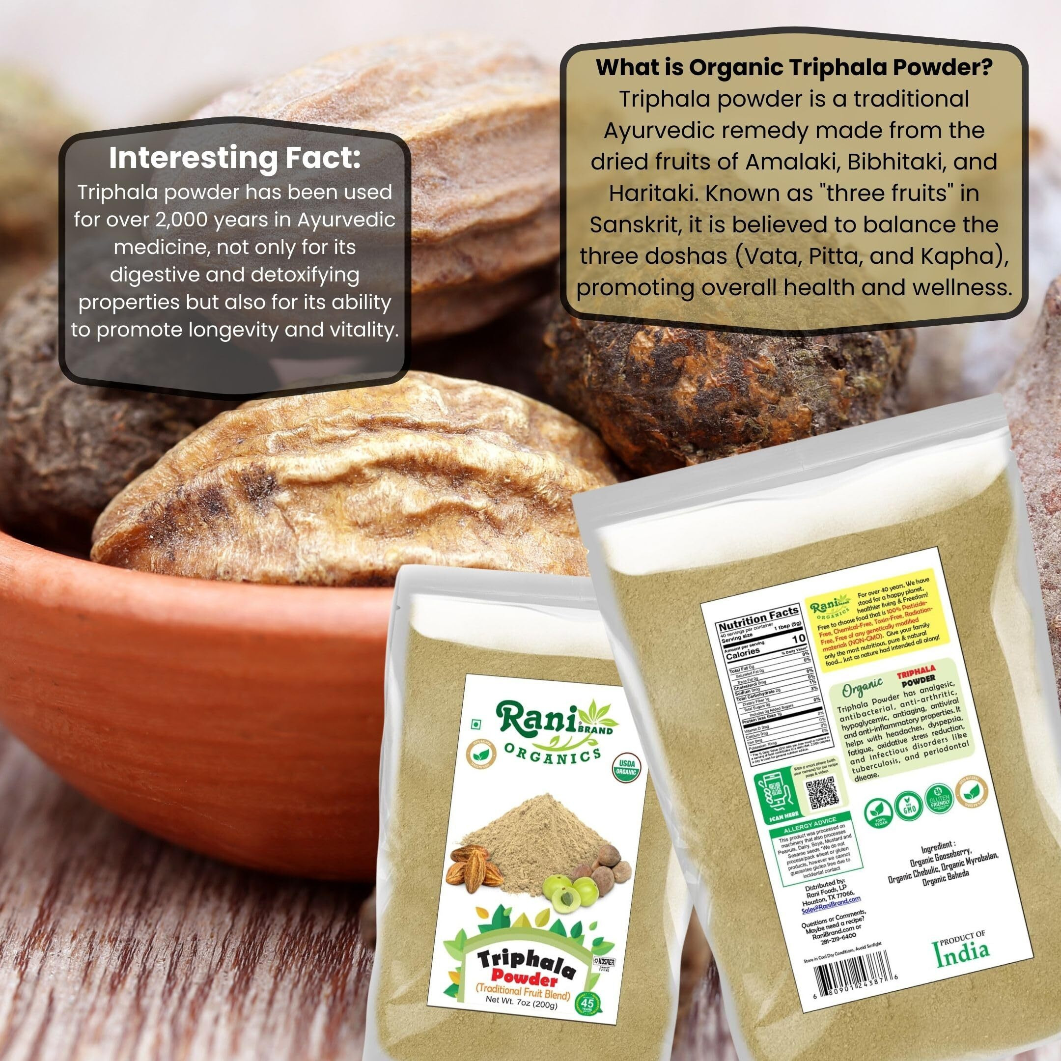 Rani Organic Triphla Powder (Traditional Fruit Blend) 7oz (200g) ~ All Natural, Gluten Friendly, Vegan, Non-GMO, Kosher, No Salt or fillers, Indian Origin, USDA Organic Certified