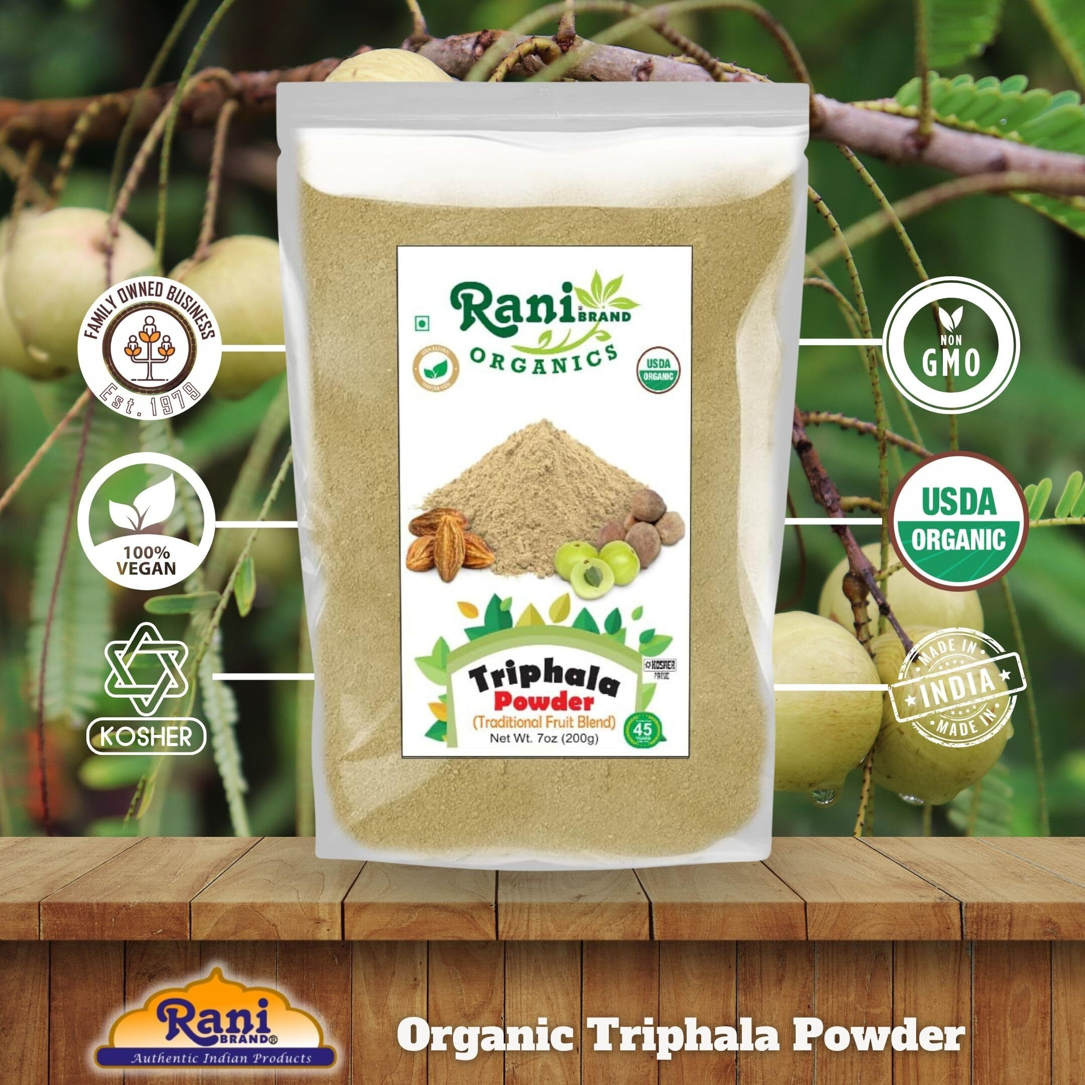 Rani Organic Triphla Powder (Traditional Fruit Blend) 7oz (200g) ~ All Natural, Gluten Friendly, Vegan, Non-GMO, Kosher, No Salt or fillers, Indian Origin, USDA Organic Certified