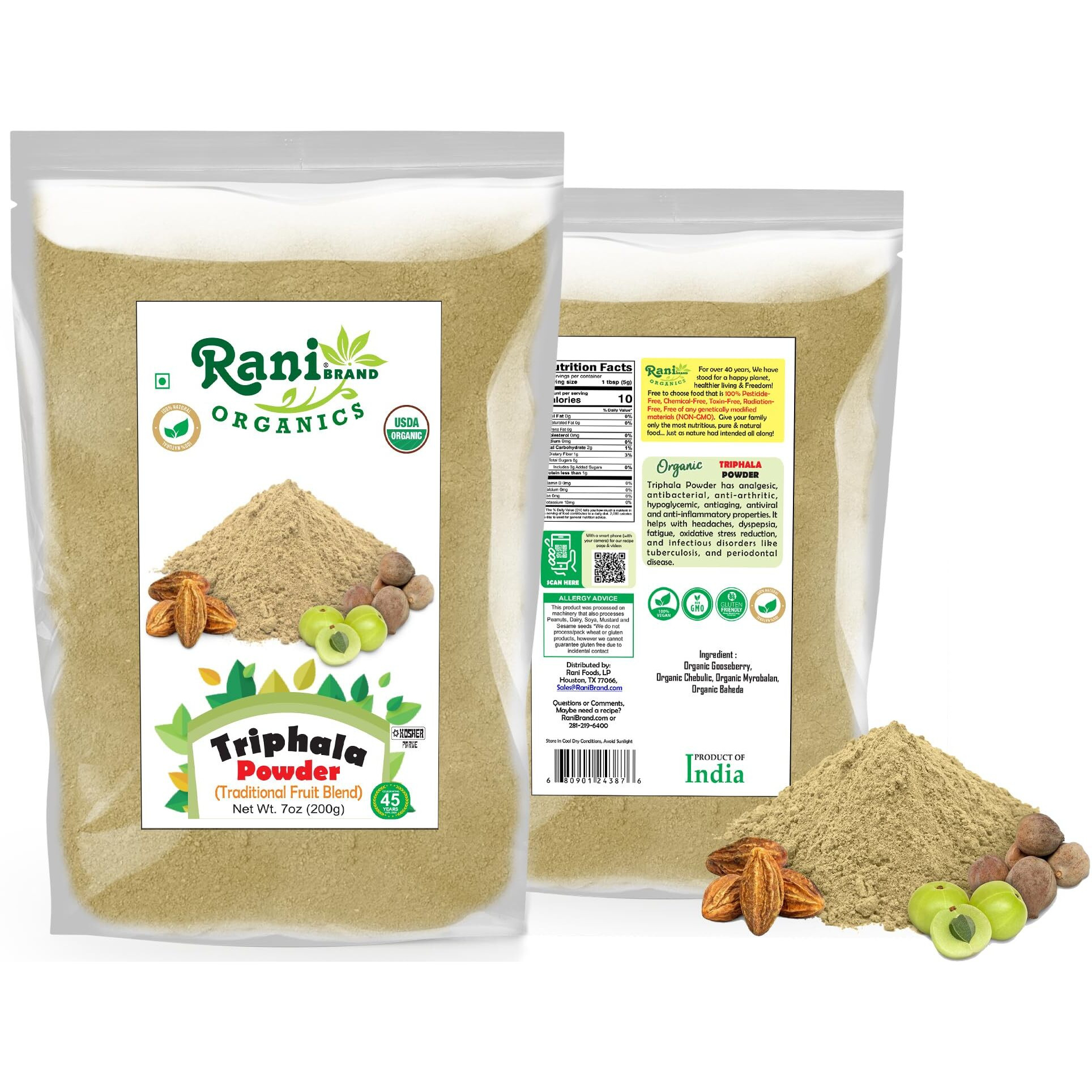 Rani Organic Triphla Powder (Traditional Fruit Blend) 7oz (200g) ~ All Natural, Gluten Friendly, Vegan, Non-GMO, Kosher, No Salt or fillers, Indian Origin, USDA Organic Certified