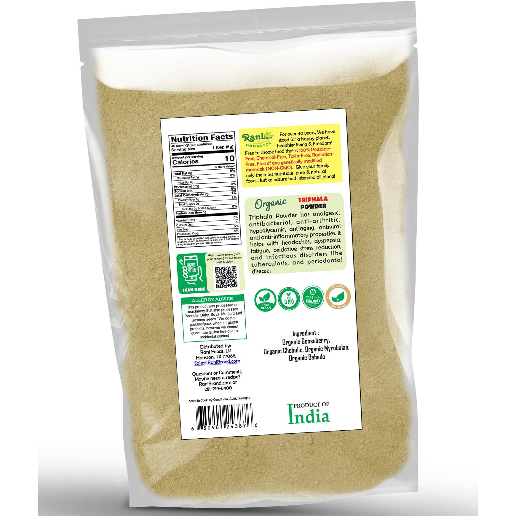 Rani Organic Triphla Powder (Traditional Fruit Blend) 7oz (200g) ~ All Natural, Gluten Friendly, Vegan, Non-GMO, Kosher, No Salt or fillers, Indian Origin, USDA Organic Certified