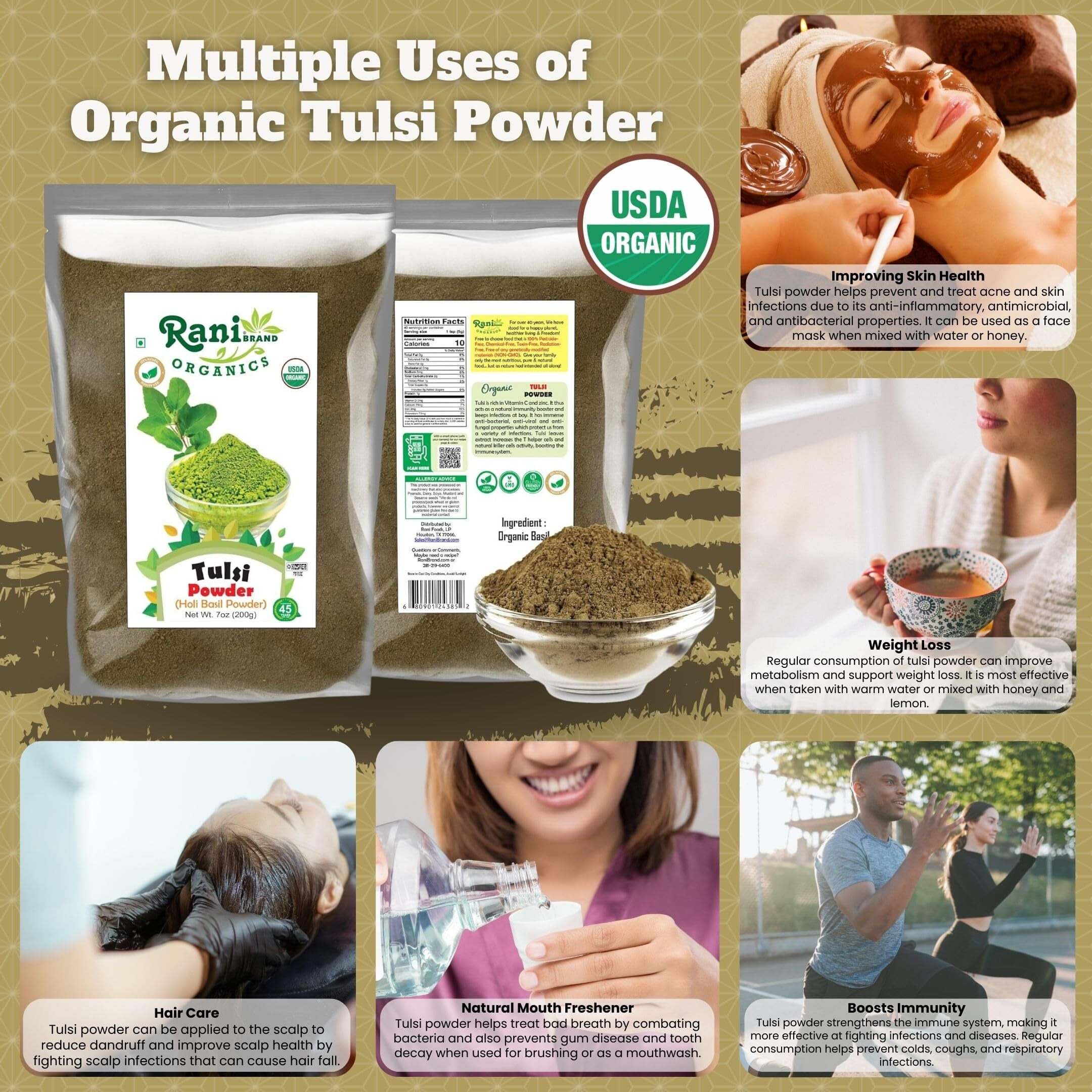 Rani Organic Tulsi Powder (Holi Basil Powder) 7oz (200g) ~ All Natural, No Color, Gluten Friendly, Vegan, NON-GMO, Kosher, No Salt or fillers, Indian Origin, USDA Organic Certified