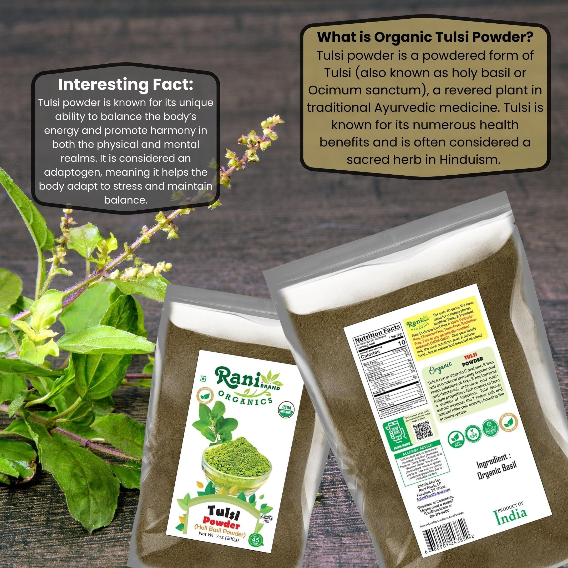Rani Organic Tulsi Powder (Holi Basil Powder) 7oz (200g) ~ All Natural, No Color, Gluten Friendly, Vegan, NON-GMO, Kosher, No Salt or fillers, Indian Origin, USDA Organic Certified