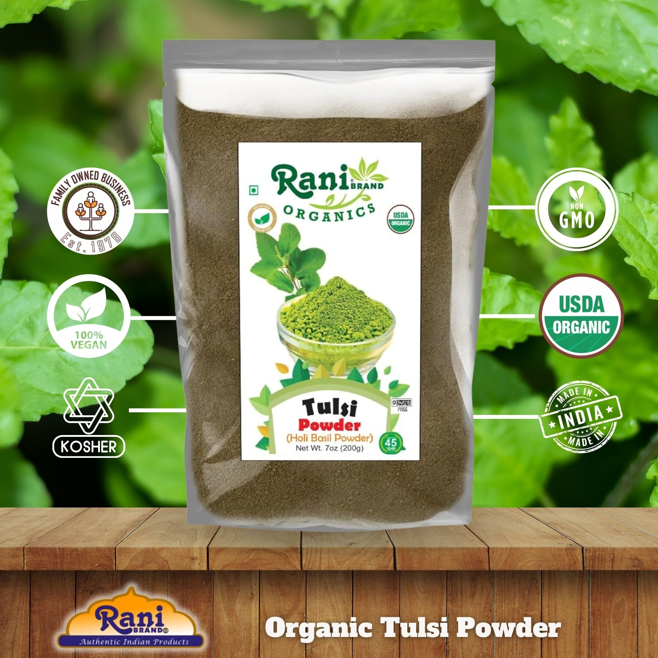 Rani Organic Tulsi Powder (Holi Basil Powder) 7oz (200g) ~ All Natural, No Color, Gluten Friendly, Vegan, NON-GMO, Kosher, No Salt or fillers, Indian Origin, USDA Organic Certified