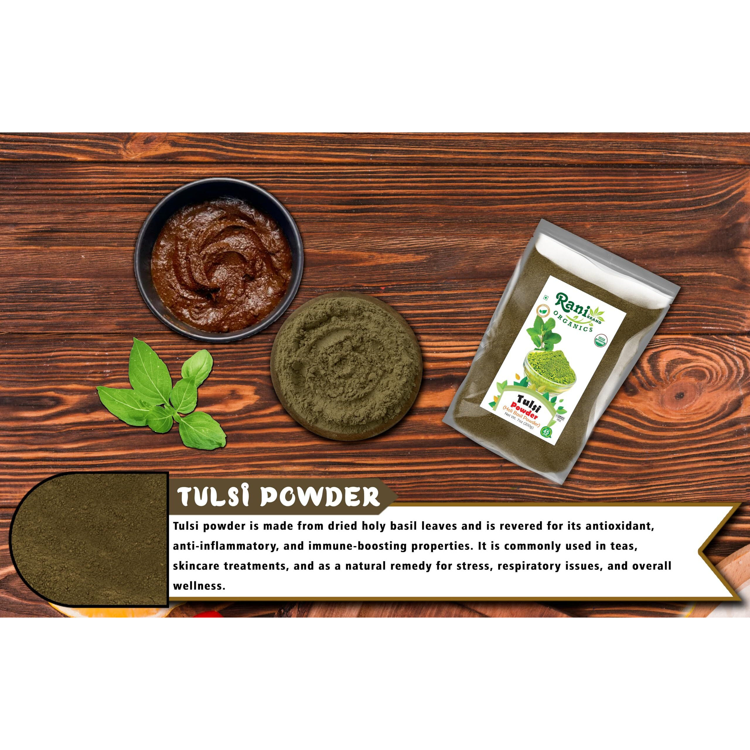 Rani Organic Tulsi Powder (Holi Basil Powder) 7oz (200g) ~ All Natural, No Color, Gluten Friendly, Vegan, NON-GMO, Kosher, No Salt or fillers, Indian Origin, USDA Organic Certified
