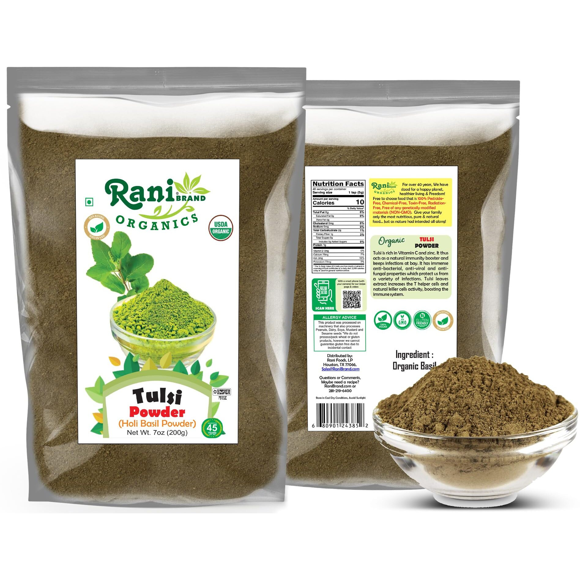 Rani Organic Tulsi Powder (Holi Basil Powder) 7oz (200g) ~ All Natural, No Color, Gluten Friendly, Vegan, NON-GMO, Kosher, No Salt or fillers, Indian Origin, USDA Organic Certified
