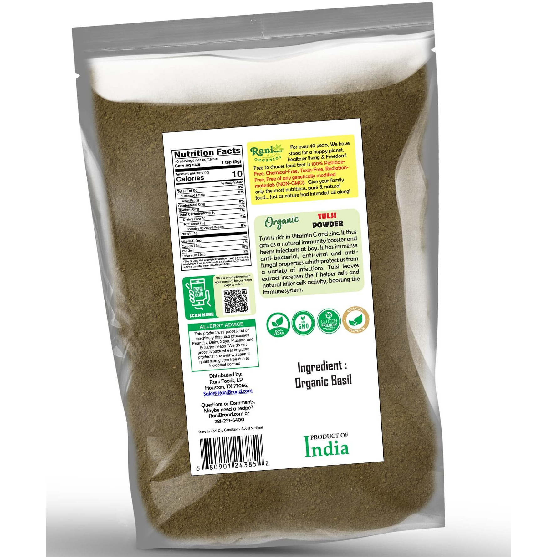 Rani Organic Tulsi Powder (Holi Basil Powder) 7oz (200g) ~ All Natural, No Color, Gluten Friendly, Vegan, NON-GMO, Kosher, No Salt or fillers, Indian Origin, USDA Organic Certified