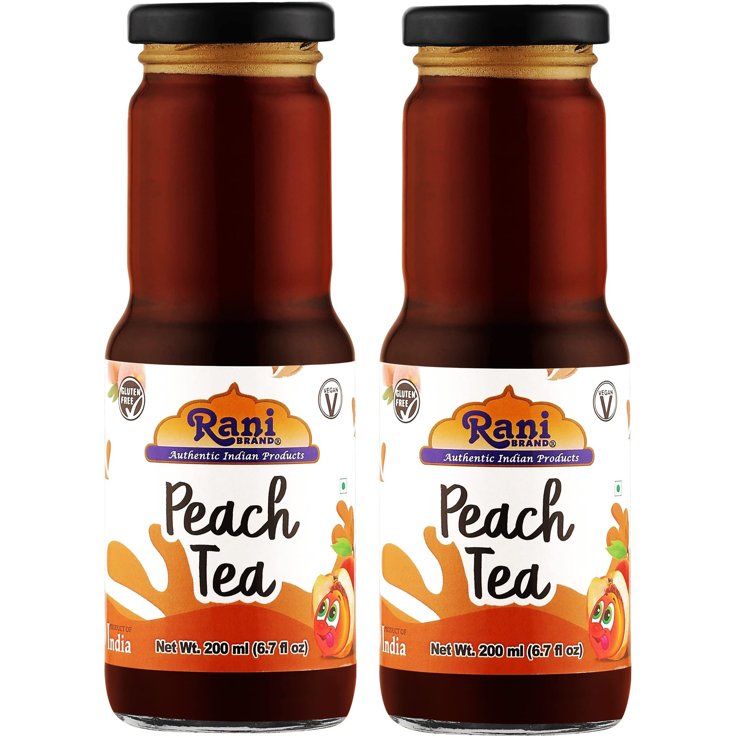 Rani Peach Tea 6.7 fl oz (200 ml) Glass Bottle, Pack of 2 ~ Indian Fruit Beverage, Vegan, Gluten Free, NON-GMO, Indian Origin