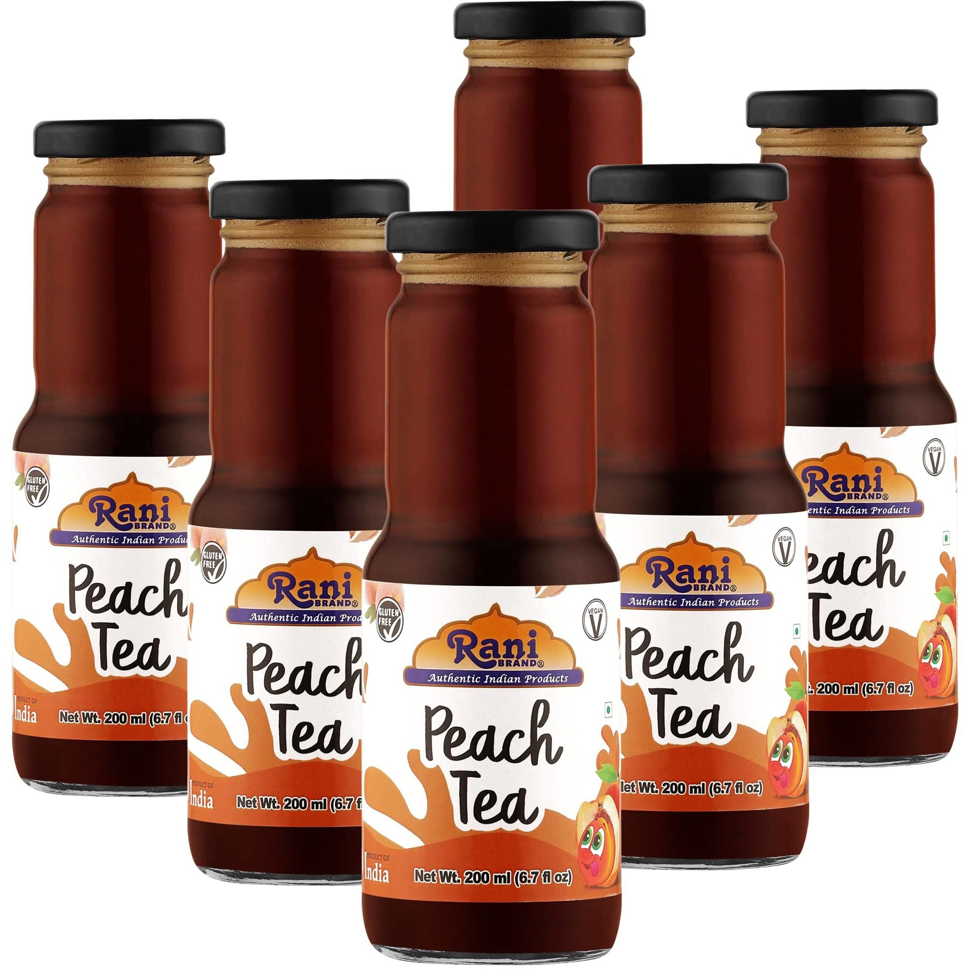 Rani Peach Tea 6.7 fl oz (200 ml) Glass Bottle, Pack of 6 ~ Indian Fruit Beverage, Vegan, Gluten Free, NON-GMO, Indian Origin