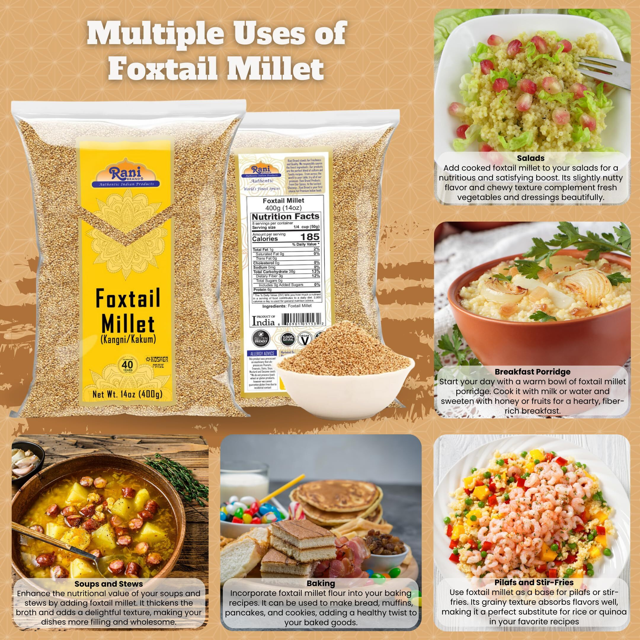 Rani Foxtail Millet Polished (Setaria italica) Ancient Grains 400g (14oz) ~ All Natural, Gluten Friendly, NON-GMO, Kosher, Vegan, Indian Origin, Kangi/Kakum/Navane/Tenai/Korralu/Korra