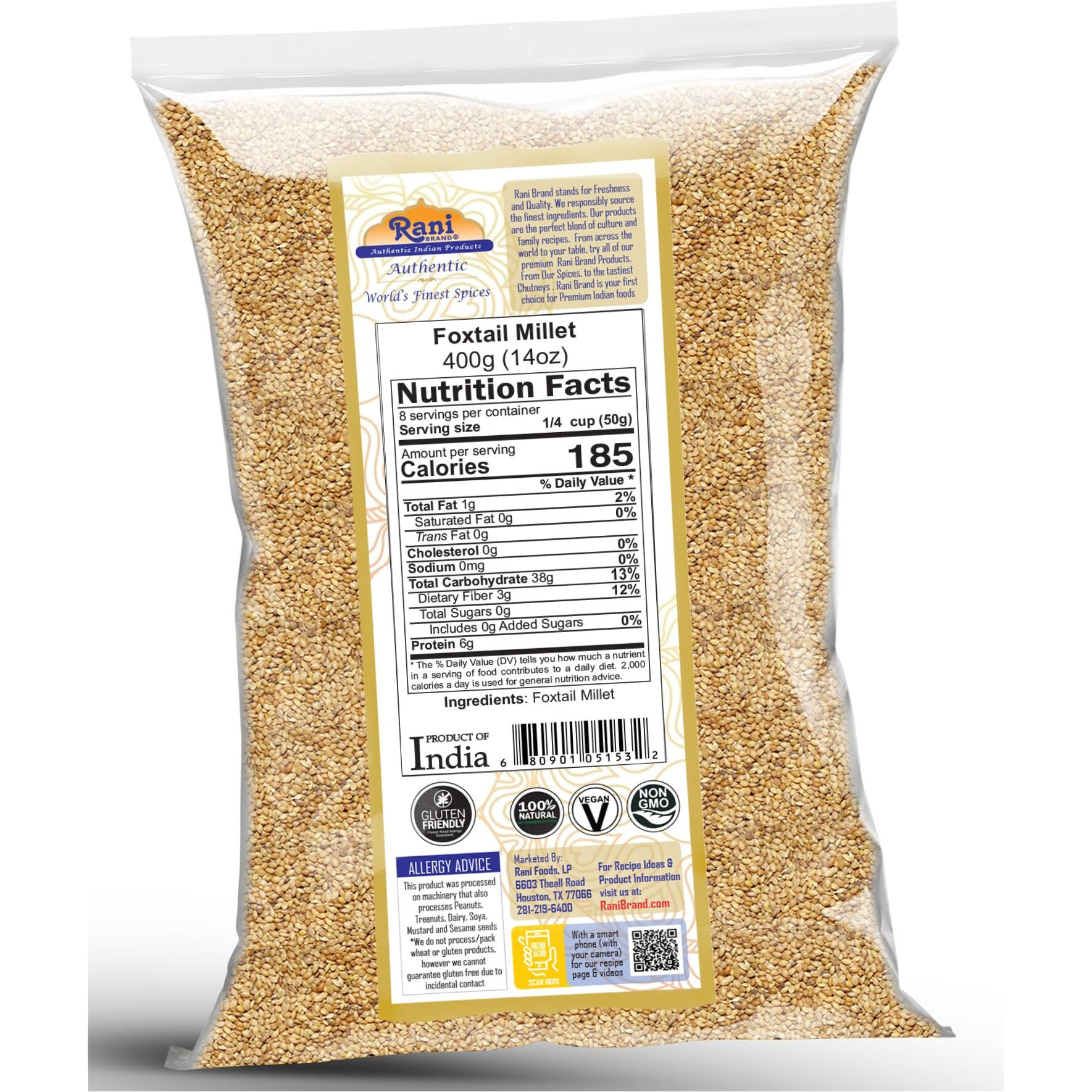 Rani Foxtail Millet Polished (Setaria italica) Ancient Grains 400g (14oz) ~ All Natural, Gluten Friendly, NON-GMO, Kosher, Vegan, Indian Origin, Kangi/Kakum/Navane/Tenai/Korralu/Korra