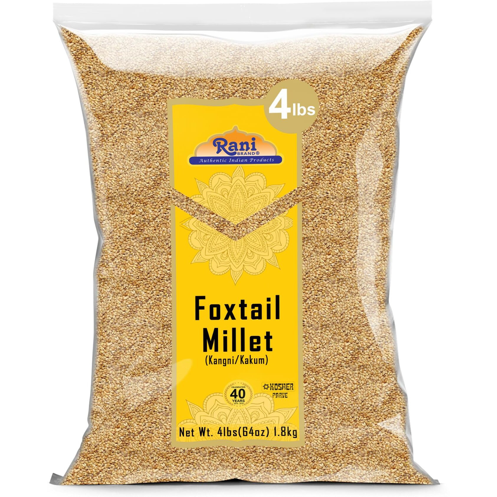 Rani Foxtail Millet Polished (Setaria italica) Ancient Grains 64oz (4lbs) 1.81kg ~ All Natural, Gluten Friendly, NON-GMO, Kosher, Vegan, Indian Origin, Kangi/Kakum/Navane/Tenai