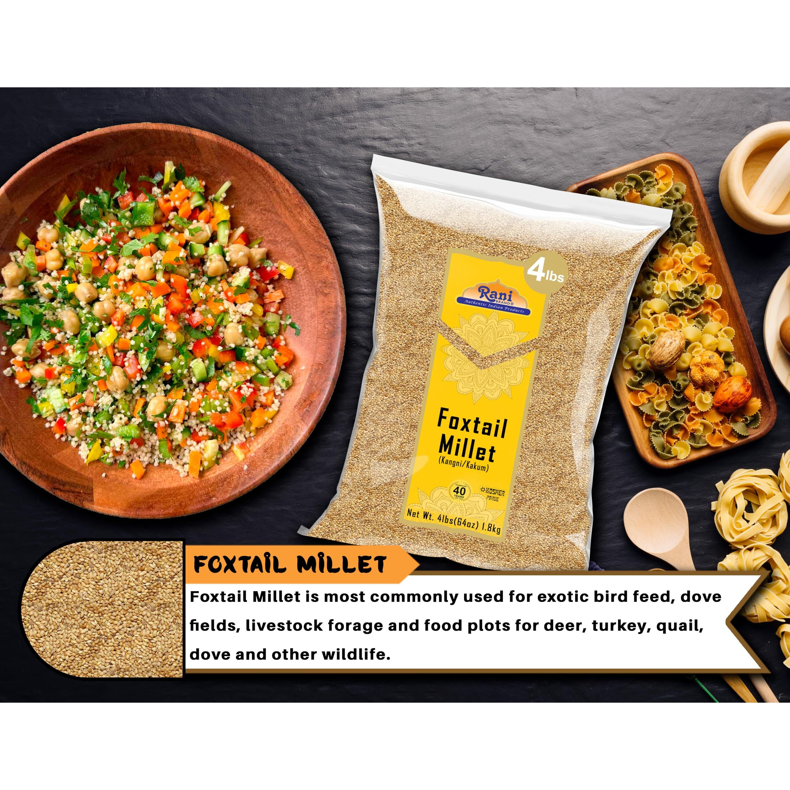 Rani Foxtail Millet Polished (Setaria italica) Ancient Grains 64oz (4lbs) 1.81kg ~ All Natural, Gluten Friendly, NON-GMO, Kosher, Vegan, Indian Origin, Kangi/Kakum/Navane/Tenai