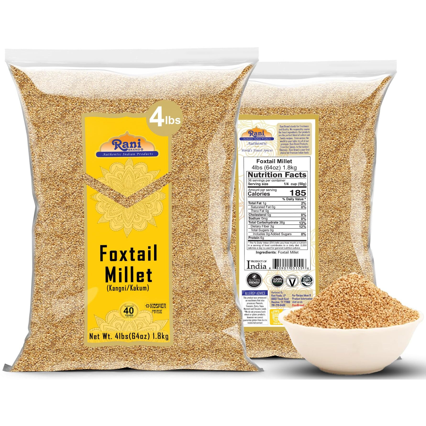 Rani Foxtail Millet Polished (Setaria italica) Ancient Grains 64oz (4lbs) 1.81kg ~ All Natural, Gluten Friendly, NON-GMO, Kosher, Vegan, Indian Origin, Kangi/Kakum/Navane/Tenai