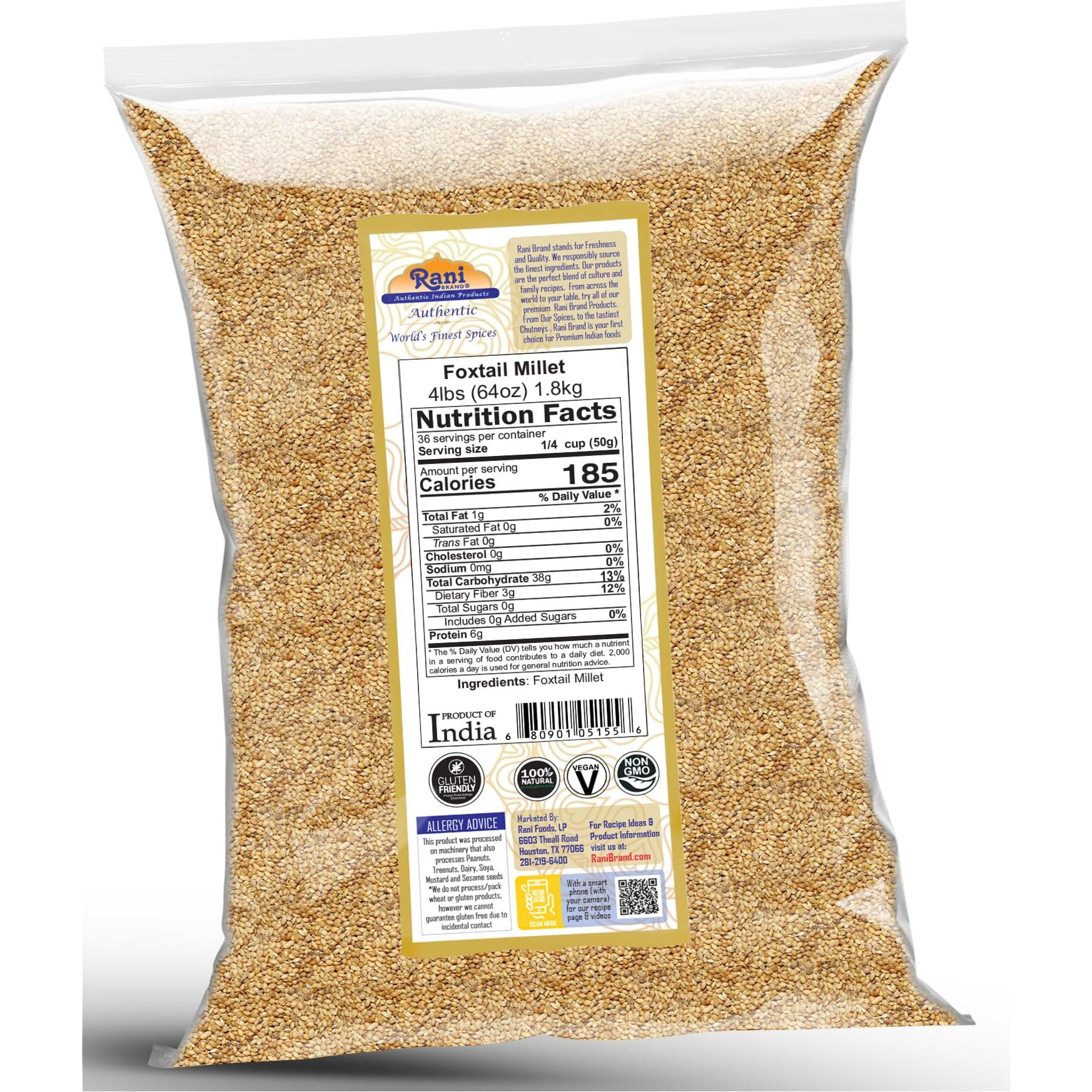 Rani Foxtail Millet Polished (Setaria italica) Ancient Grains 64oz (4lbs) 1.81kg ~ All Natural, Gluten Friendly, NON-GMO, Kosher, Vegan, Indian Origin, Kangi/Kakum/Navane/Tenai
