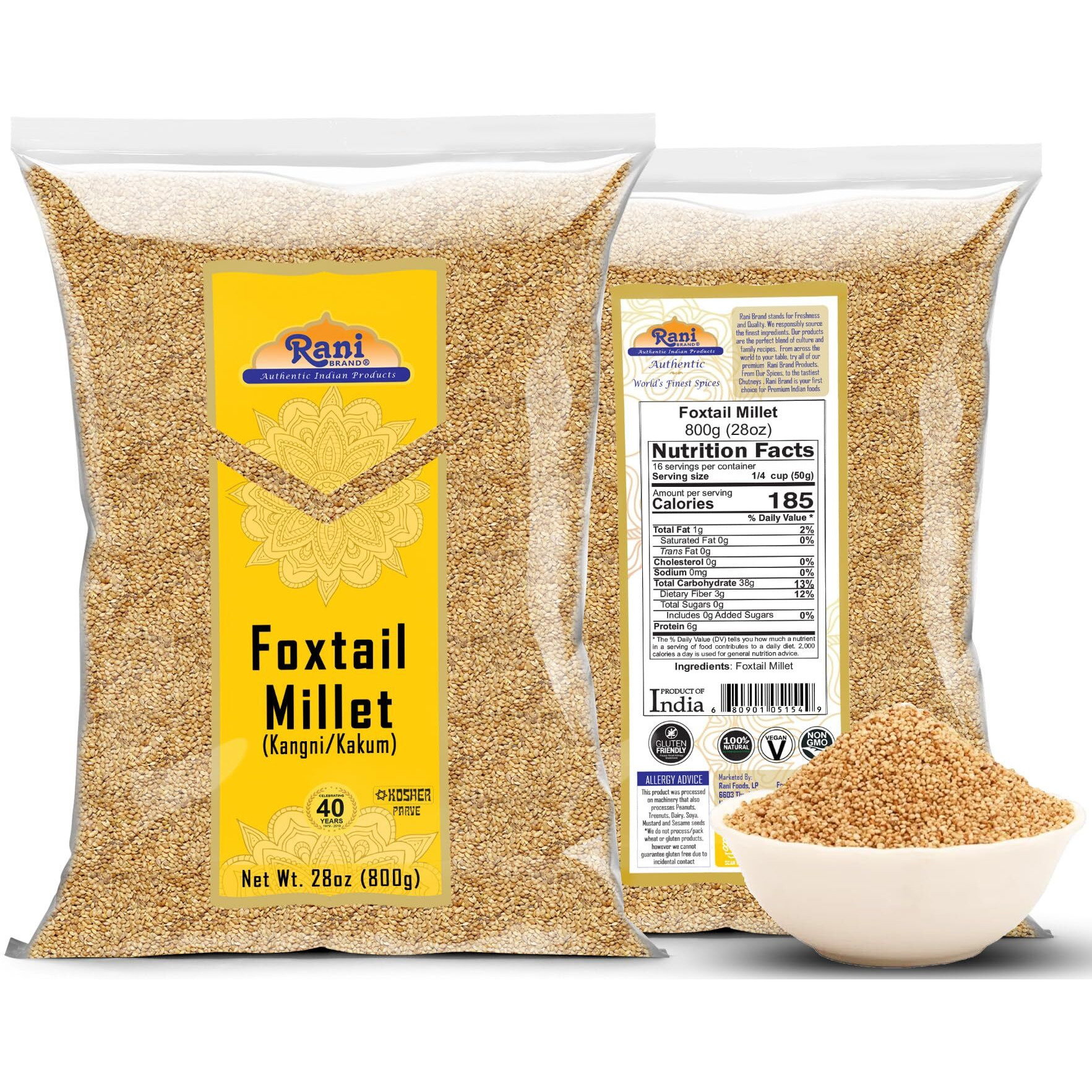 Rani Foxtail Millet Polished (Setaria italica) Ancient Grains 800g (28oz) ~ All Natural, Gluten Friendly, NON-GMO, Kosher, Vegan, Indian Origin, Kangi/Kakum/Navane/Tenai/Korralu/Korra