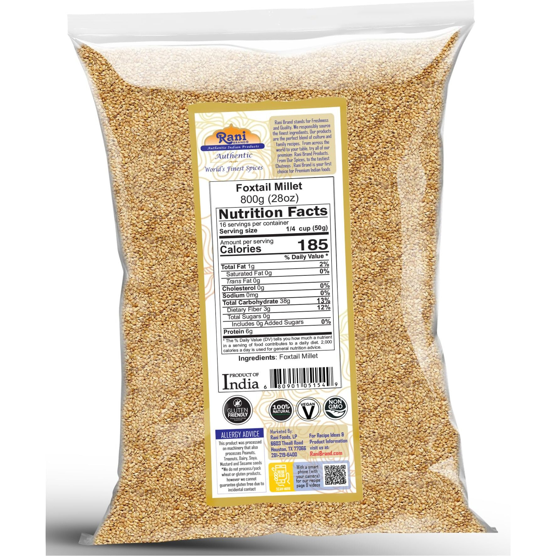 Rani Foxtail Millet Polished (Setaria italica) Ancient Grains 800g (28oz) ~ All Natural, Gluten Friendly, NON-GMO, Kosher, Vegan, Indian Origin, Kangi/Kakum/Navane/Tenai/Korralu/Korra