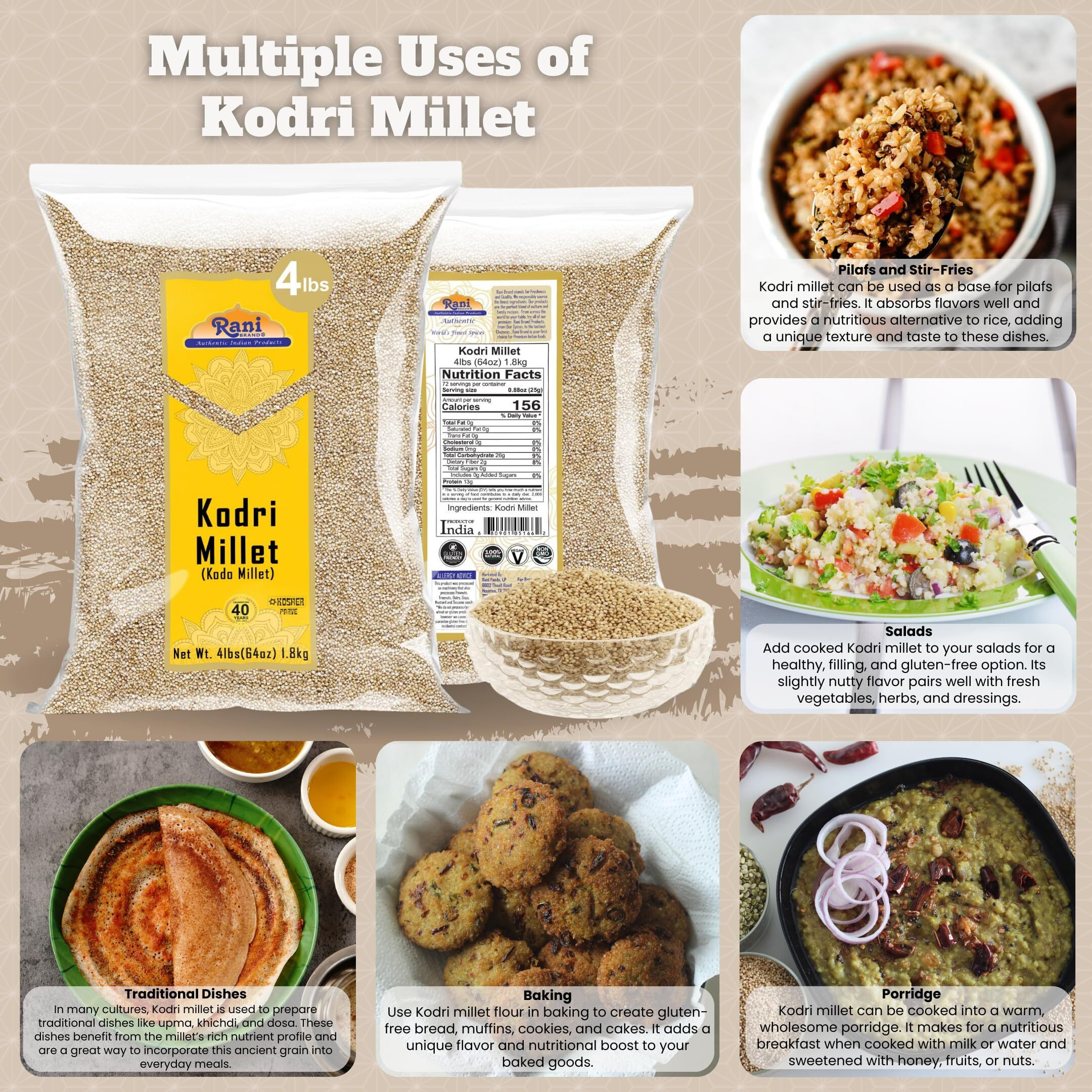 Rani Kodri (Polished Kodo Millet Seeds) Ancient Grains, 64oz (4lbs) 1.81kg ~ All Natural, Gluten Friendly, NON-GMO, Kosher, Vegan, Indian Origin (Varagu/Kodra/Harka)